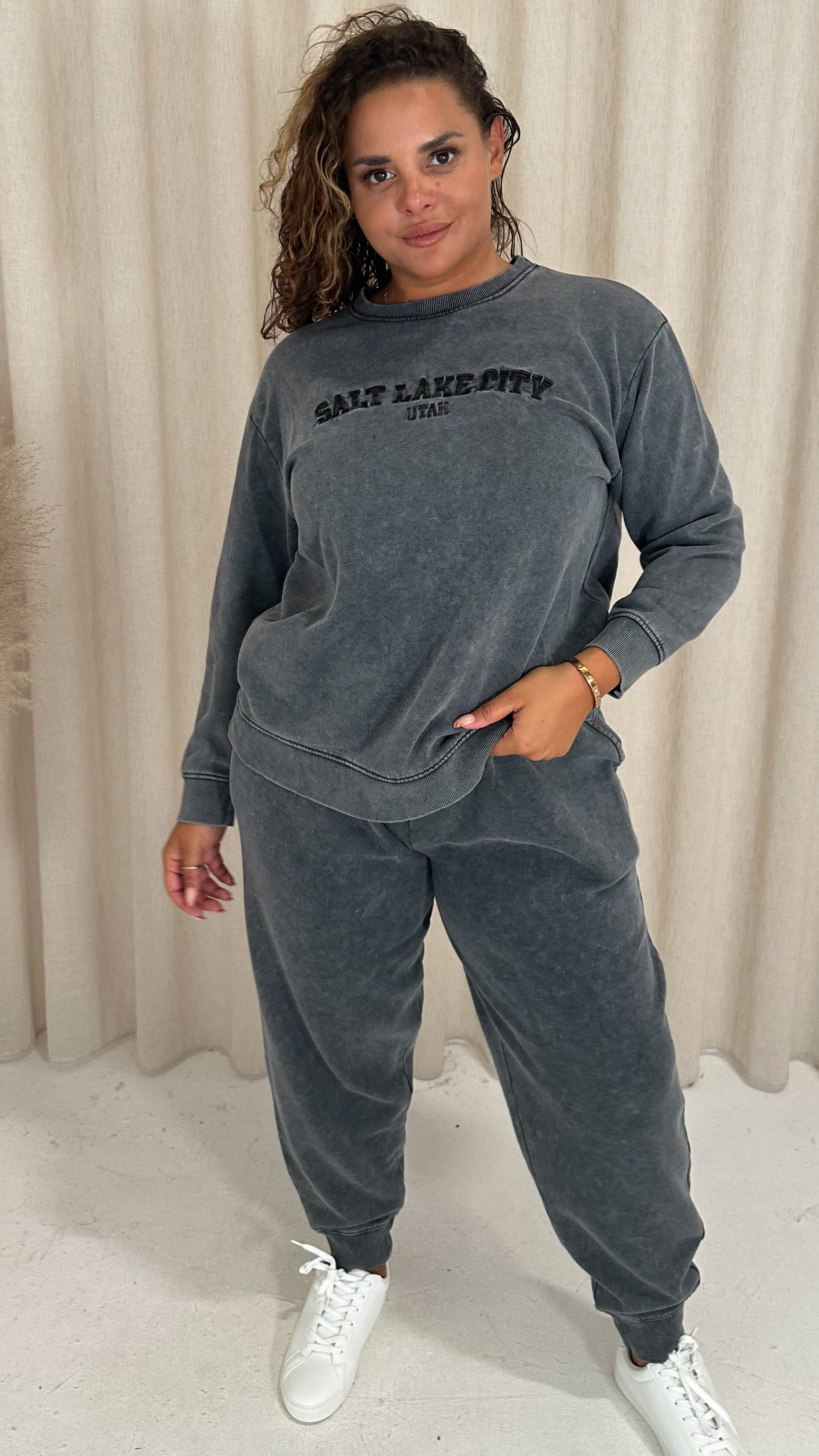 CurveWow Acid Wash Embroidered Sweater Charcoal Grey