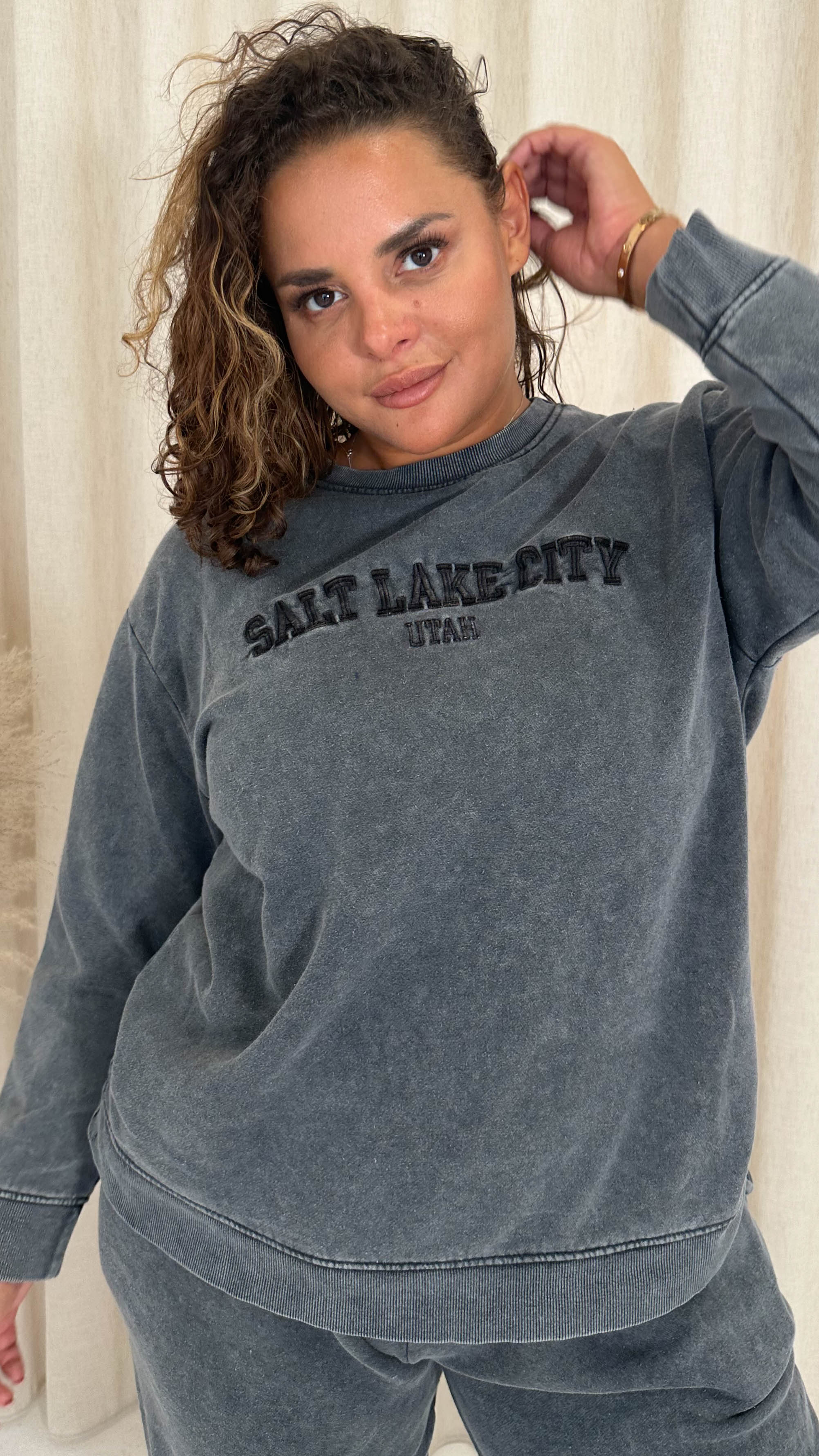 CurveWow Acid Wash Embroidered Sweater Charcoal Grey