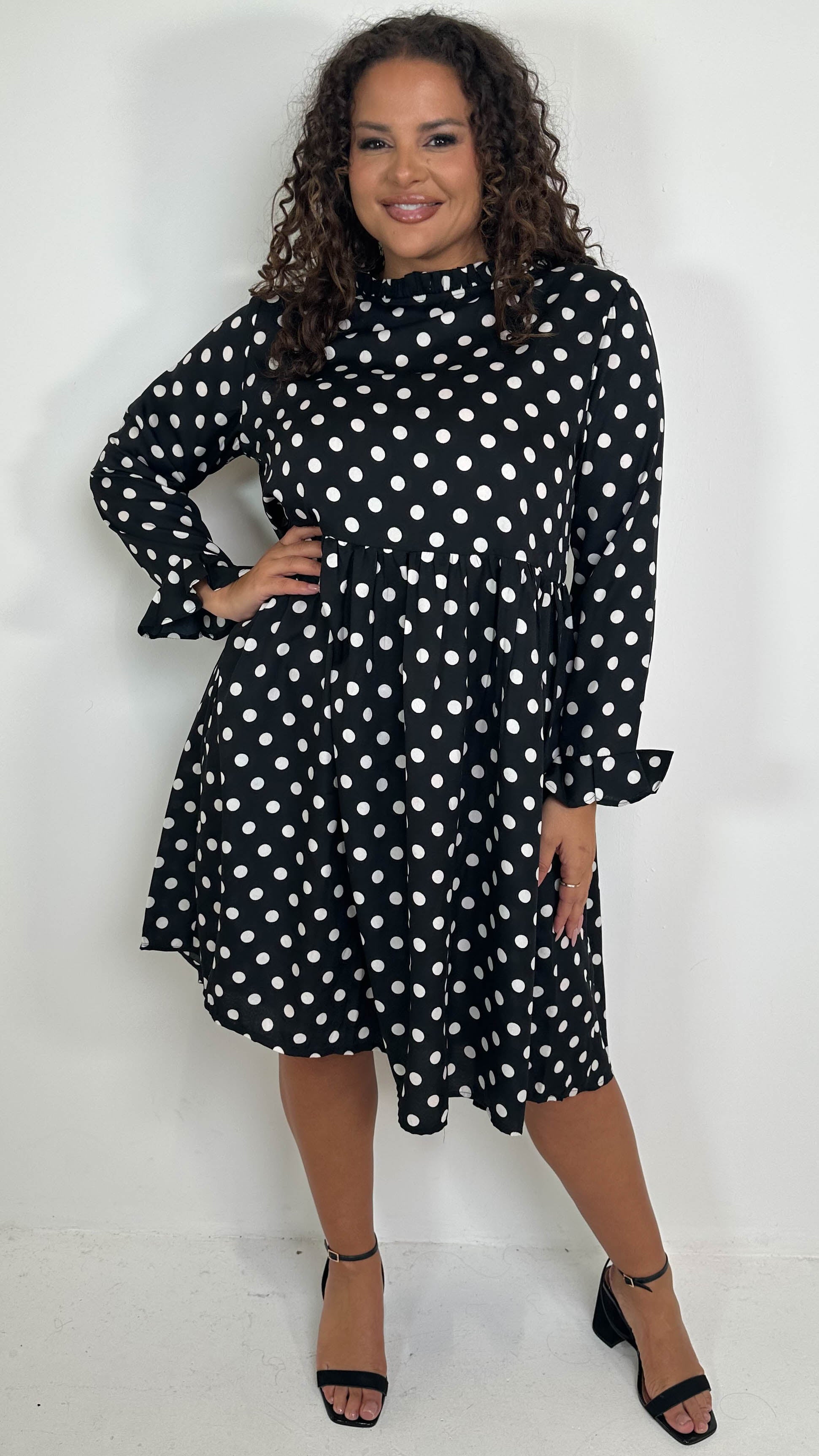 CurveWow High Neck Smock Dress White/Black Polka Dot