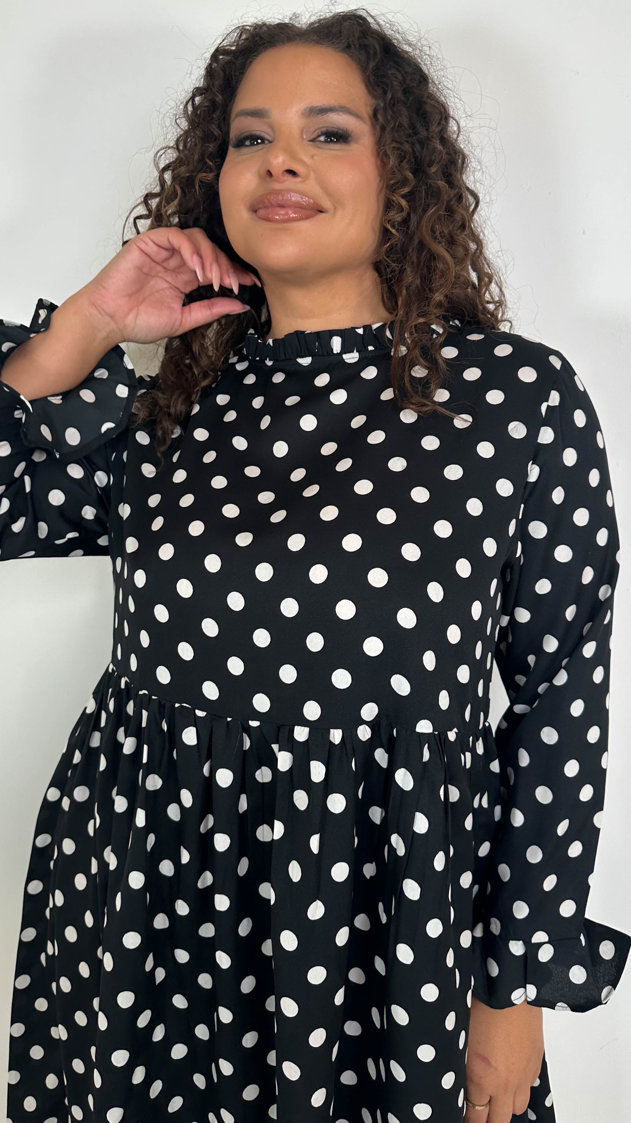 CurveWow High Neck Smock Dress White/Black Polka Dot