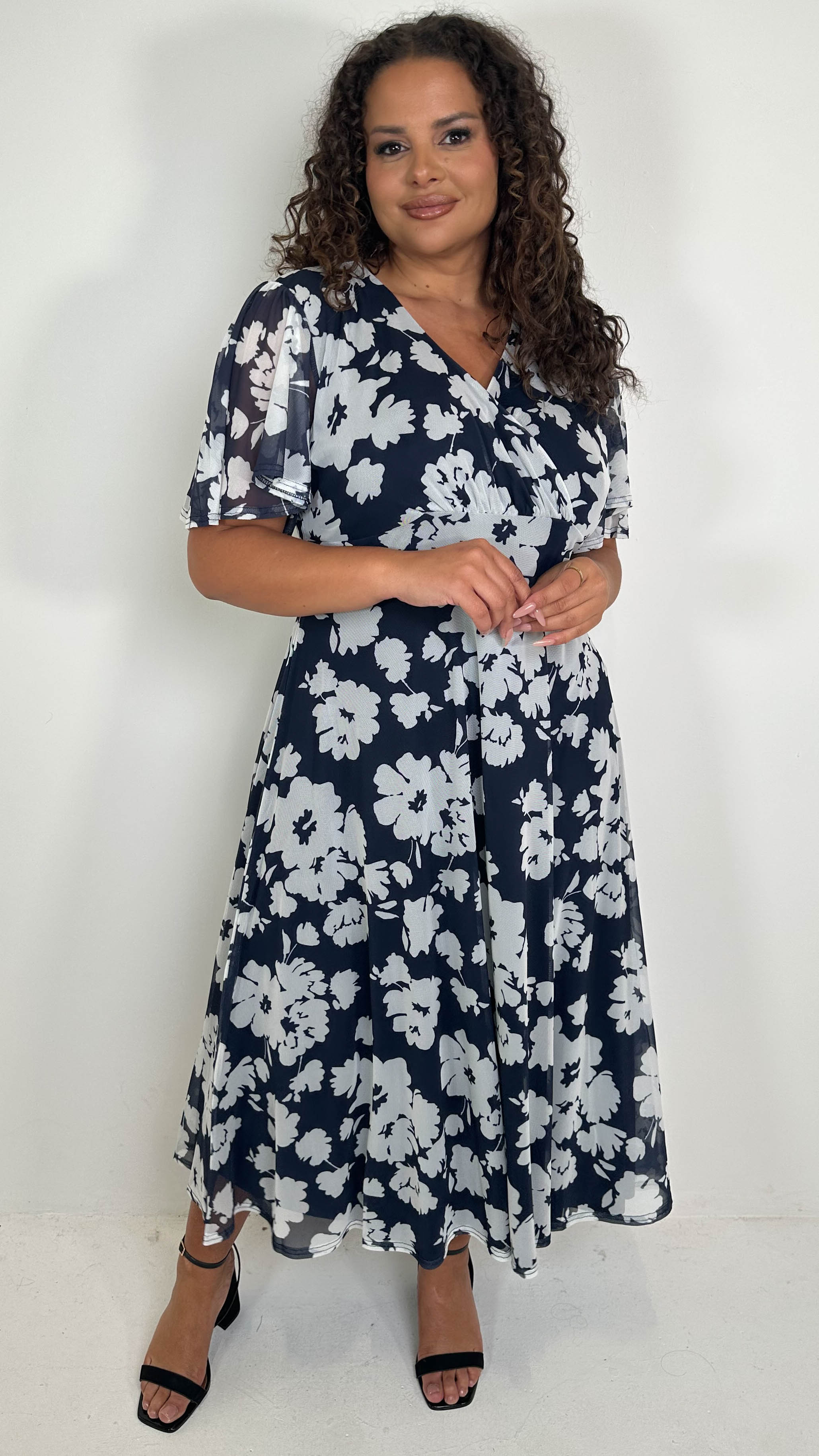 CurveWow Mesh Angel Sleeve Dress Navy Ivory Floral