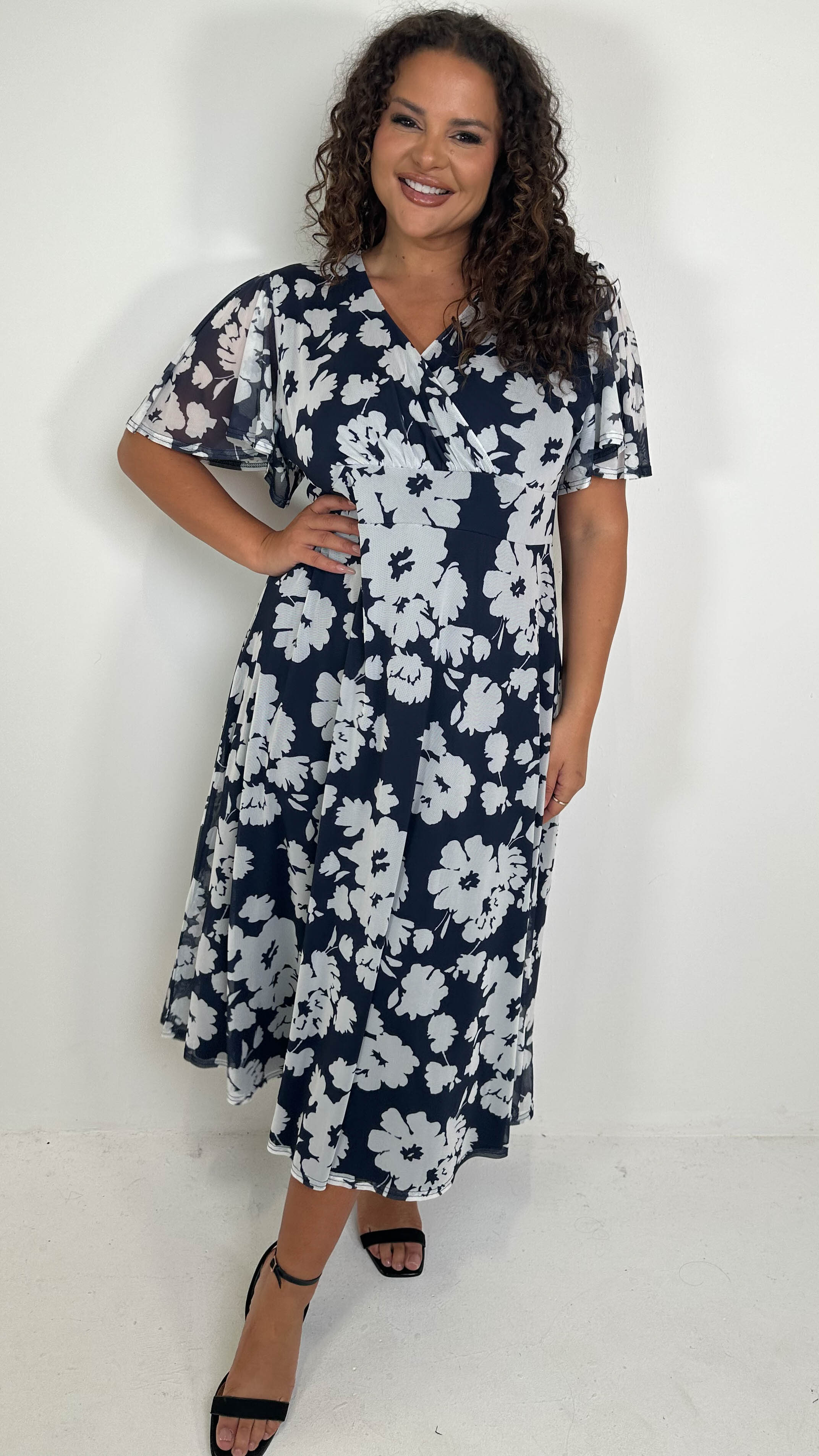 CurveWow Mesh Angel Sleeve Dress Navy Ivory Floral