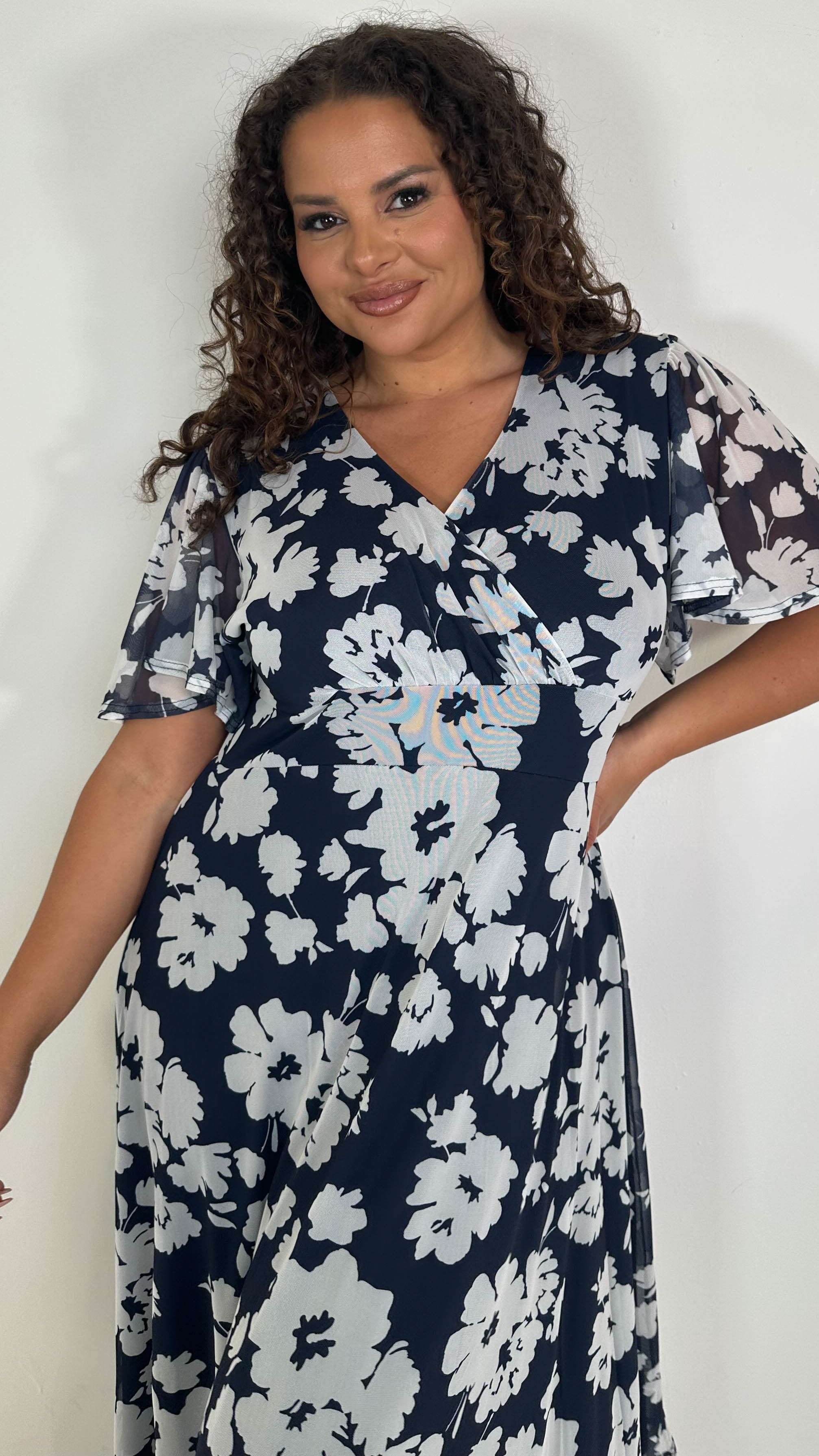 CurveWow Mesh Angel Sleeve Dress Navy Ivory Floral