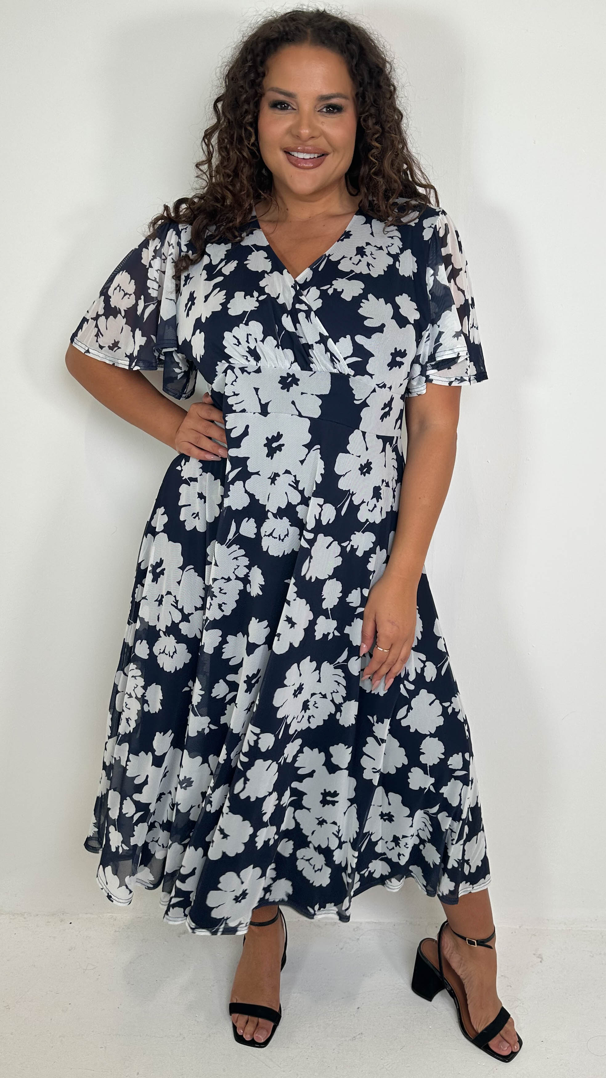 CurveWow Mesh Angel Sleeve Dress Navy Ivory Floral
