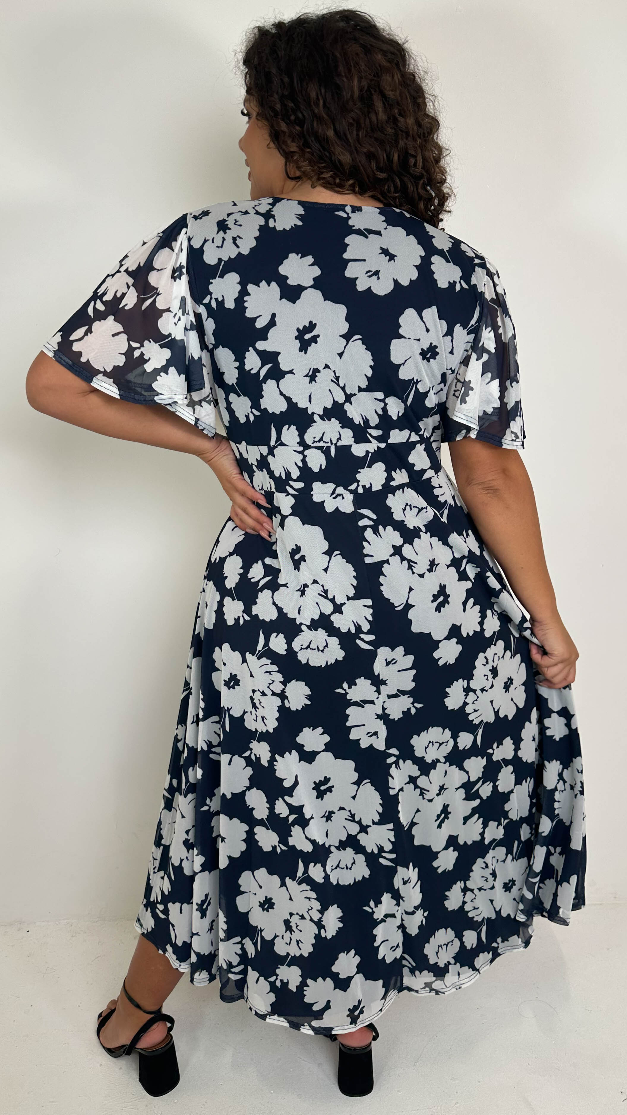 CurveWow Mesh Angel Sleeve Dress Navy Ivory Floral