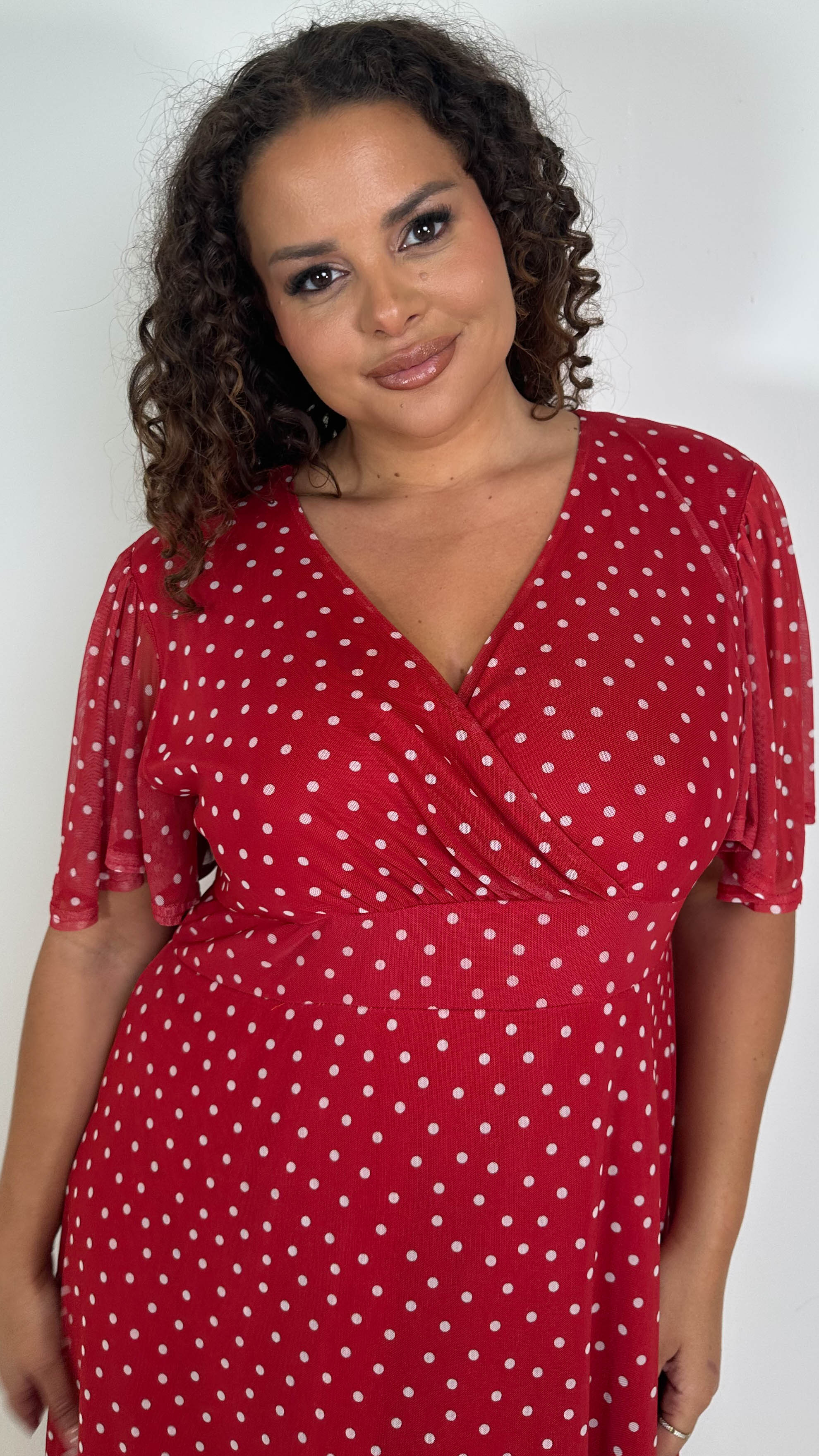 CurveWow Mesh Angel Sleeve Dress Red Spot