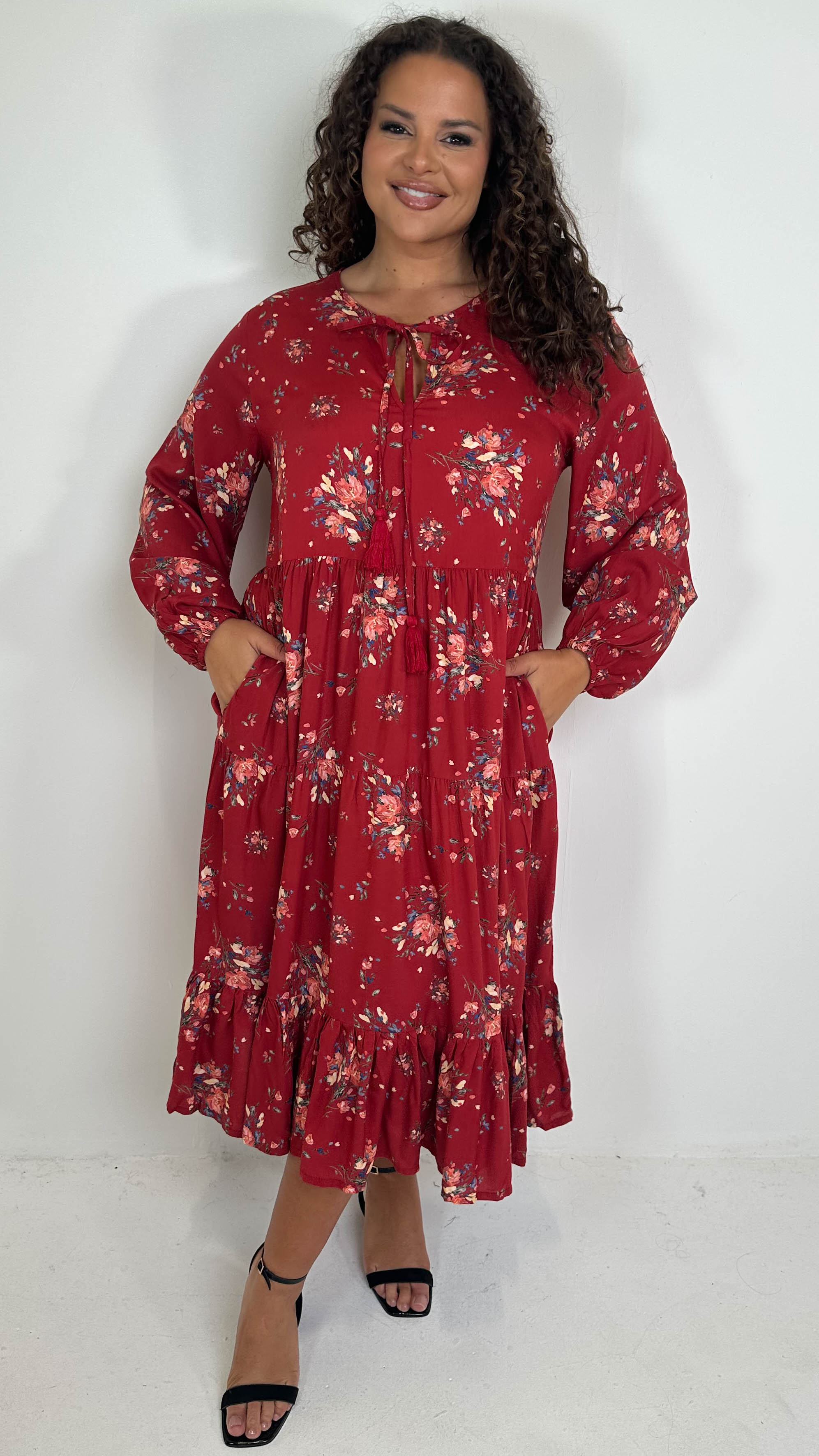 CurveWow Tassel Tiered Dress Floral Wine