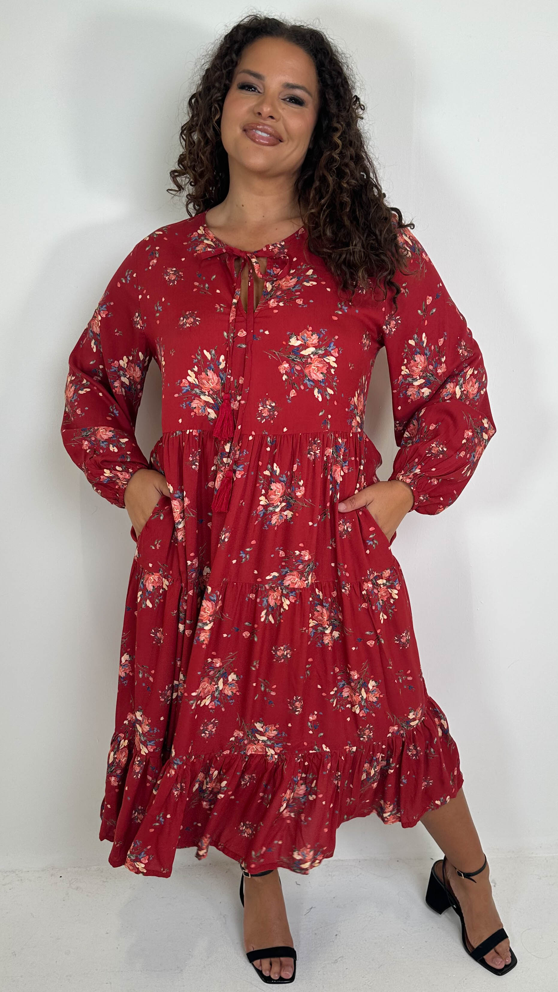 CurveWow Tassel Tiered Dress Floral Wine