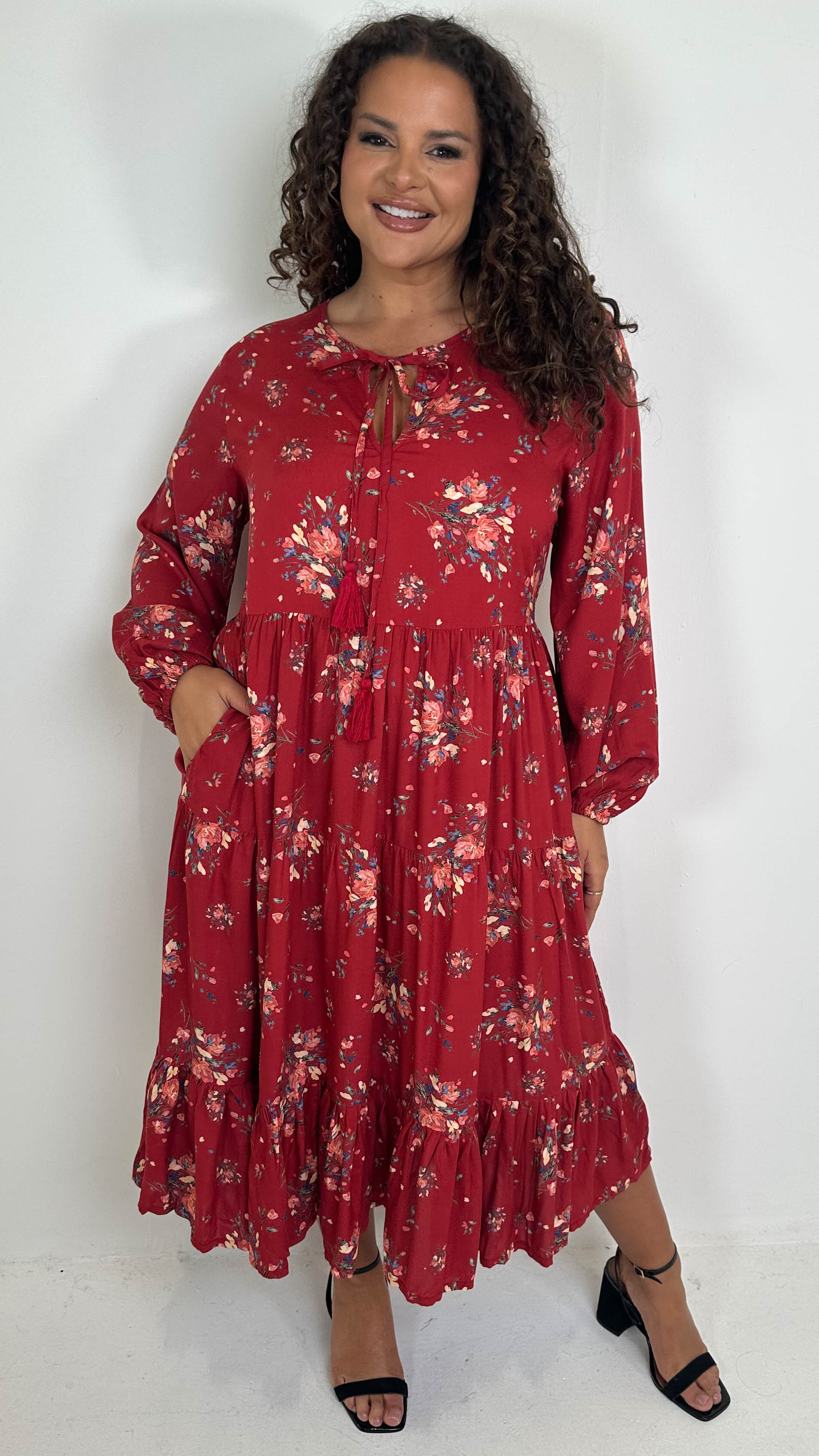 CurveWow Tassel Tiered Dress Floral Wine