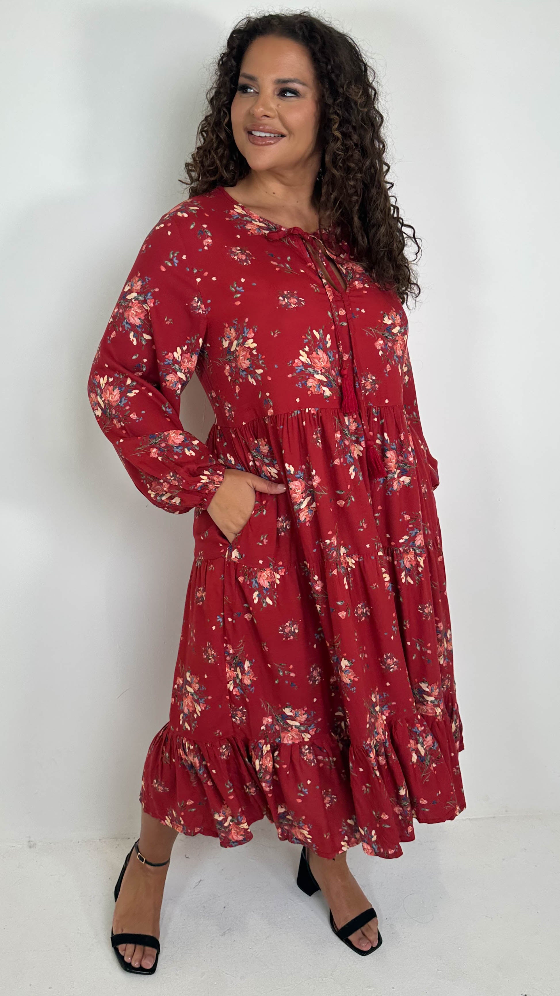 CurveWow Tassel Tiered Dress Floral Wine