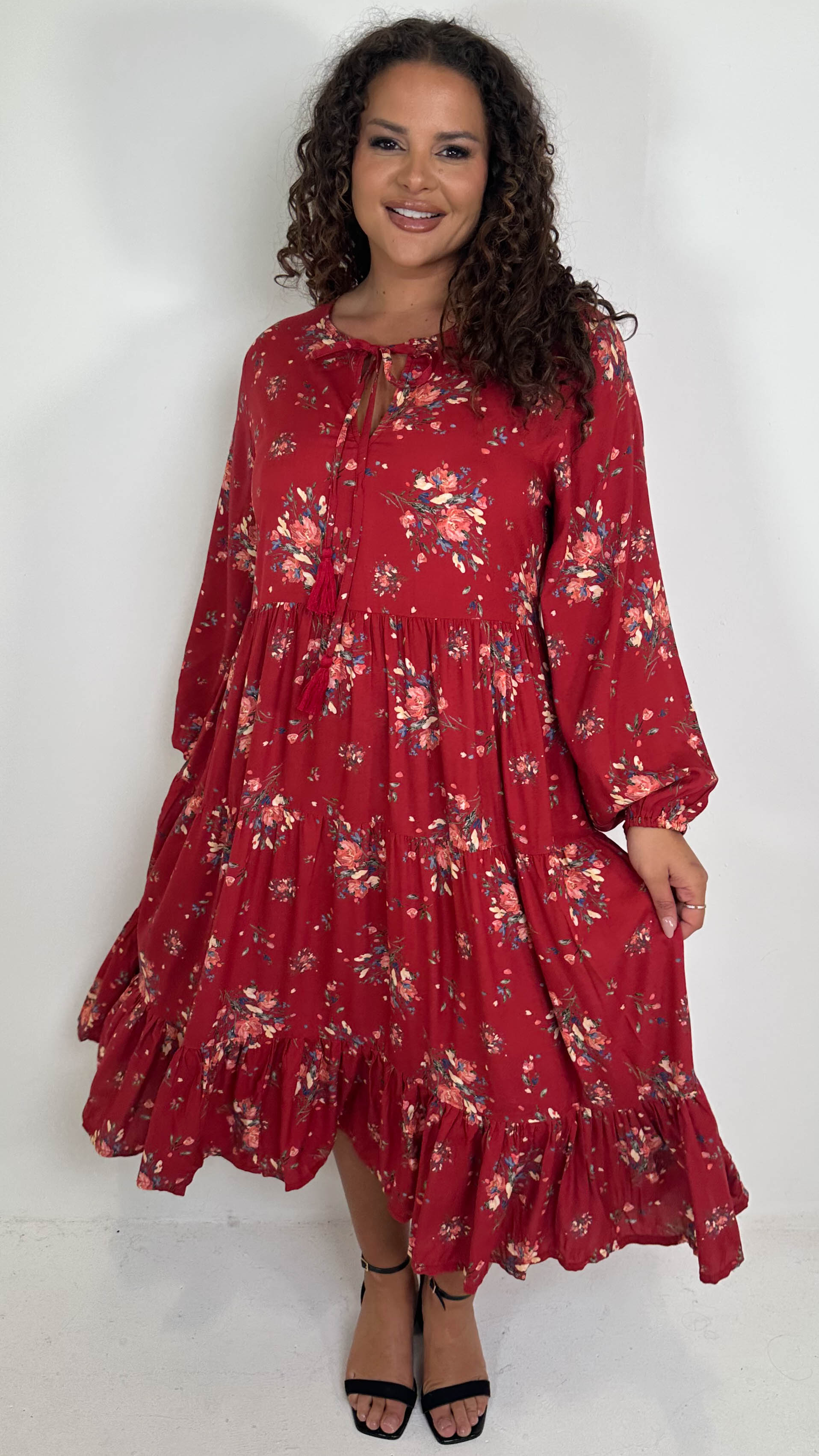 CurveWow Tassel Tiered Dress Floral Wine