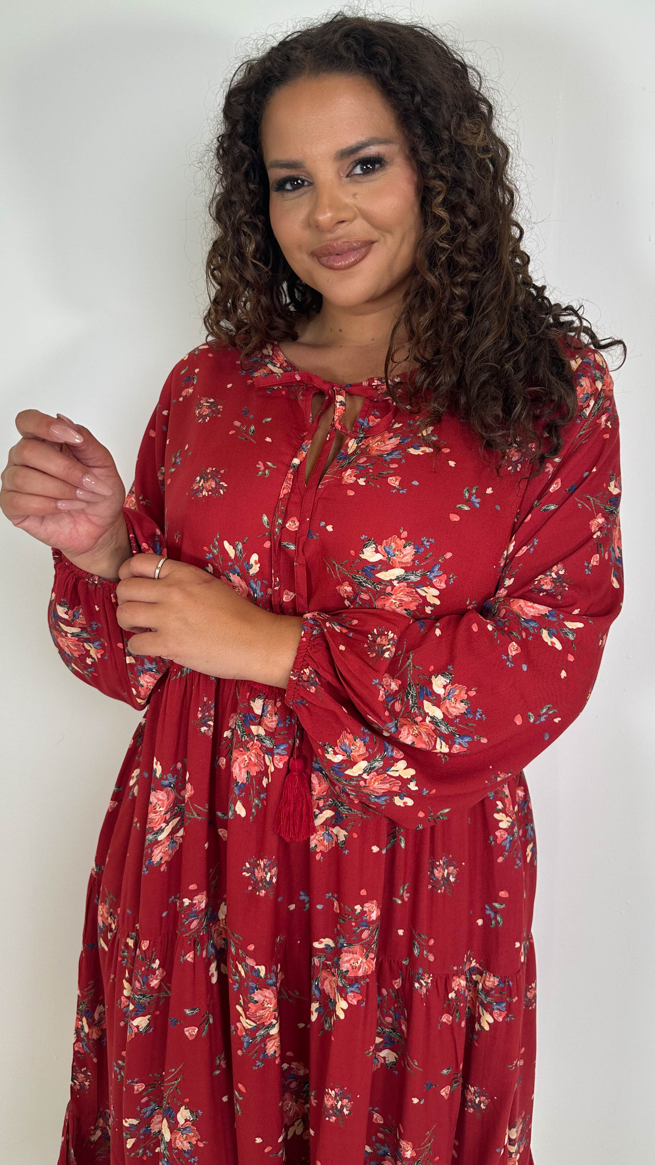 CurveWow Tassel Tiered Dress Floral Wine