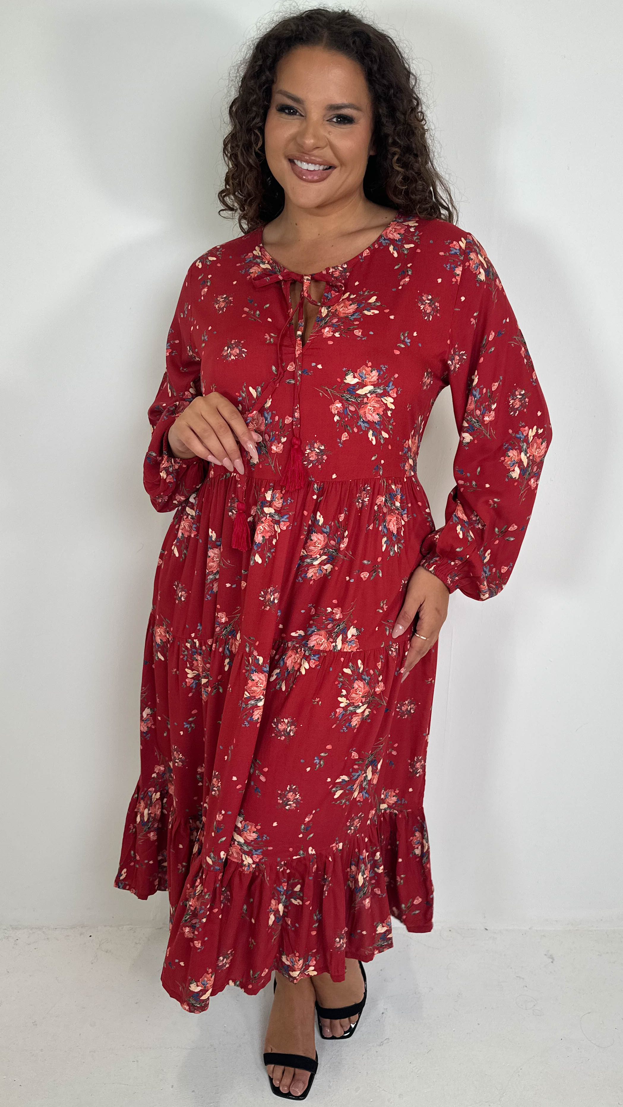 CurveWow Tassel Tiered Dress Floral Wine