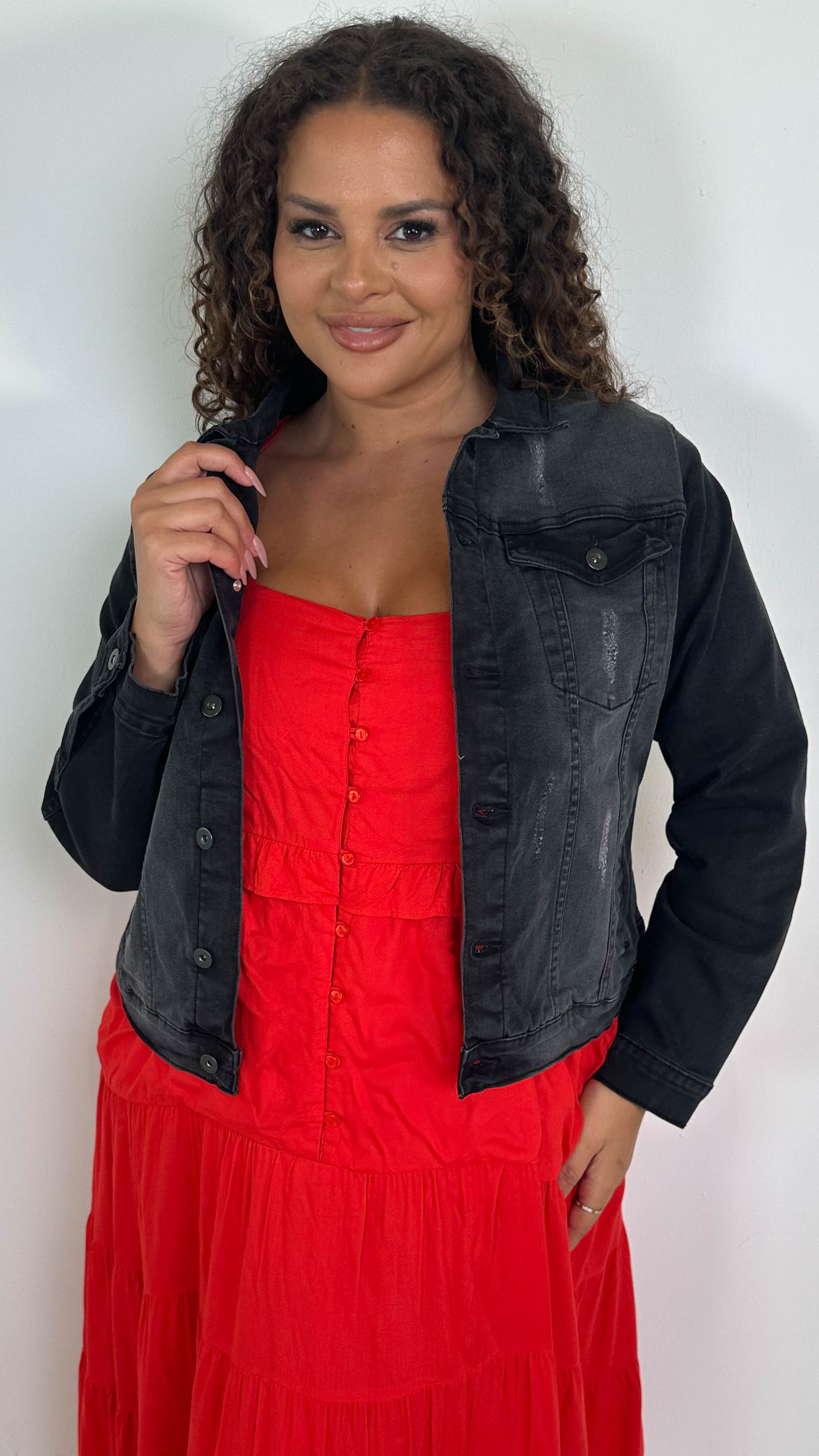 CurveWow Distressed Denim Jacket Washed Black