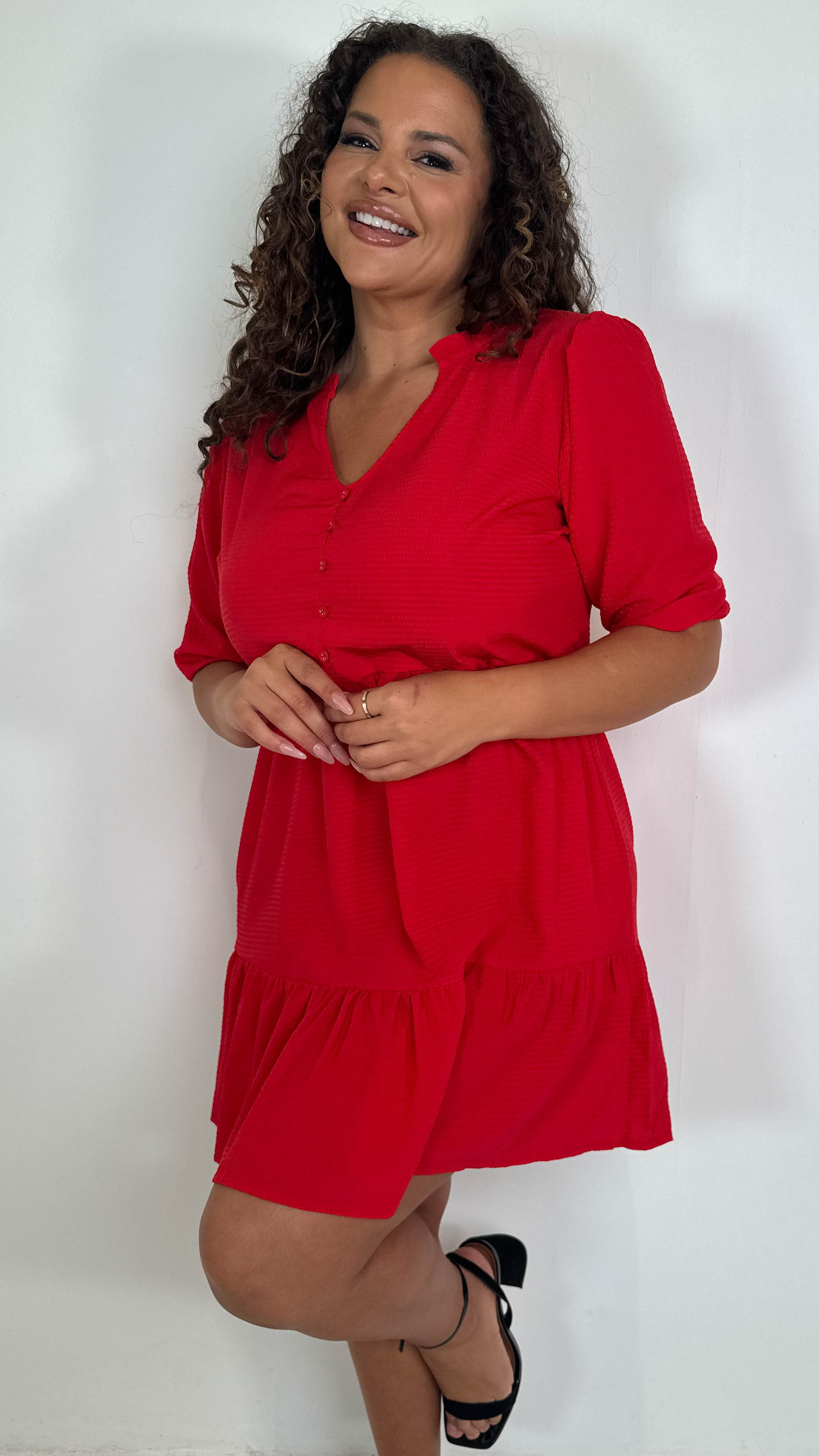 CurveWow Textured Seersucker Mini Dress Red