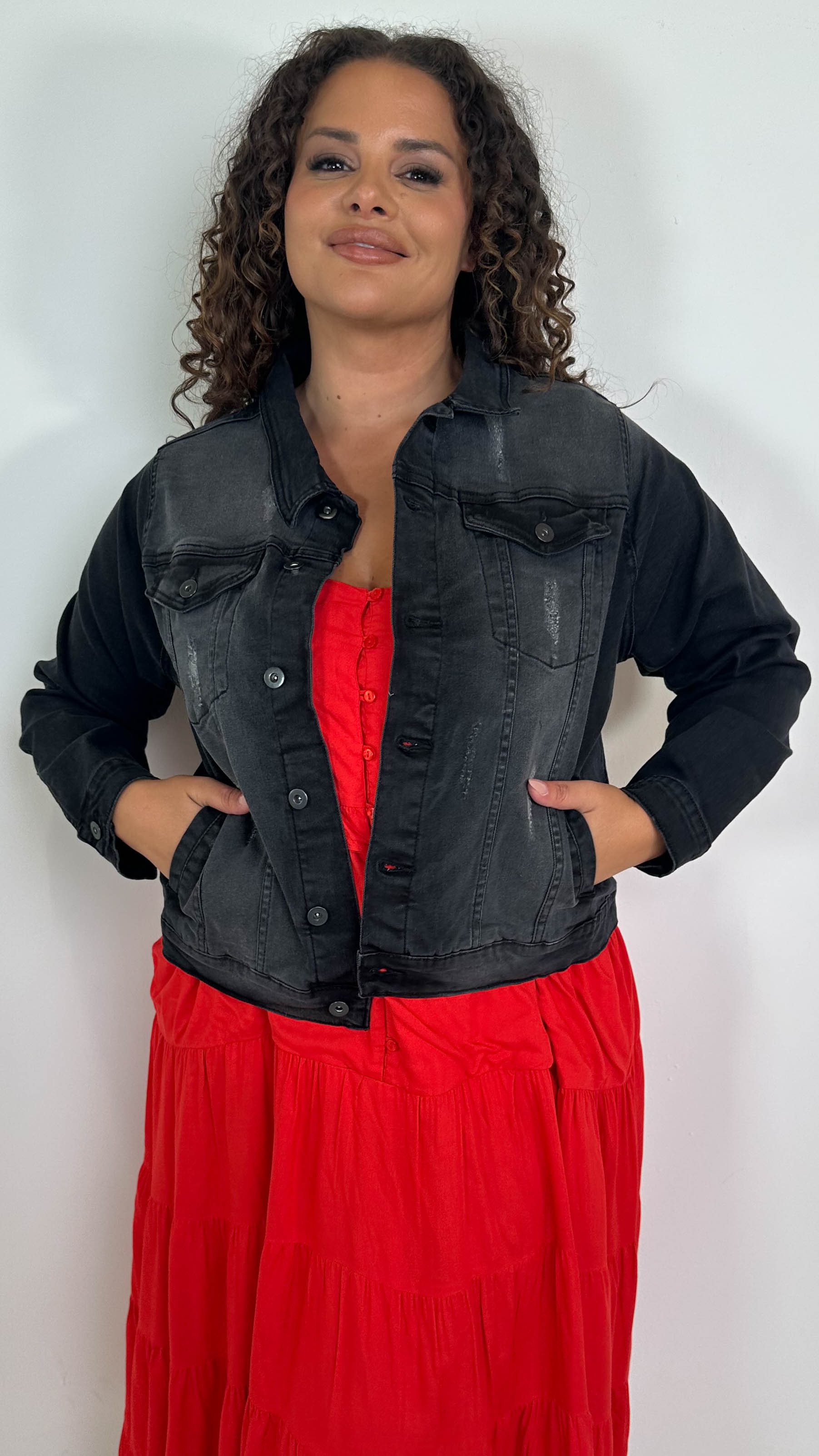 CurveWow Distressed Denim Jacket Washed Black