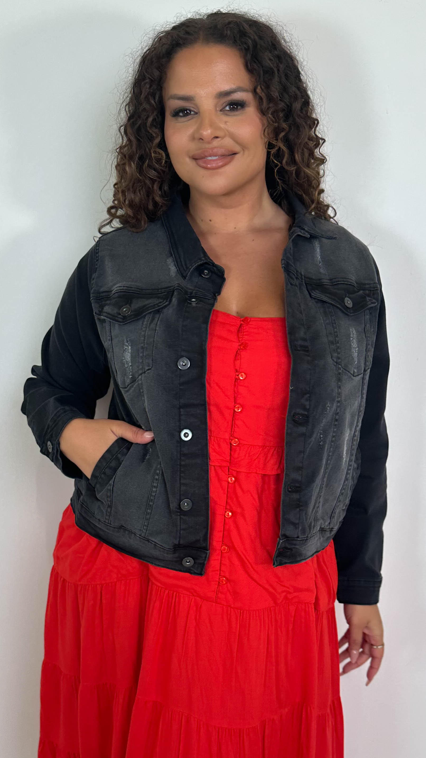 CurveWow Distressed Denim Jacket Washed Black