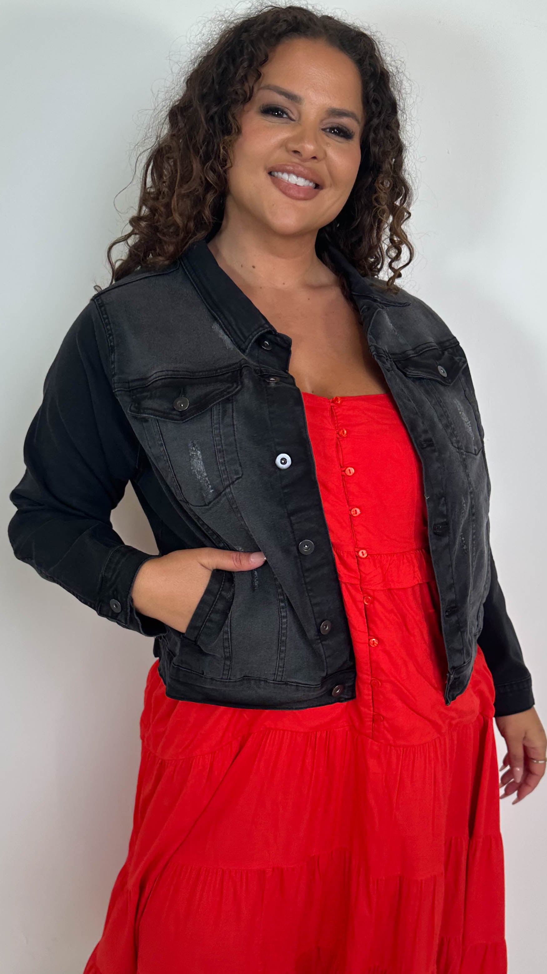 CurveWow Distressed Denim Jacket Washed Black