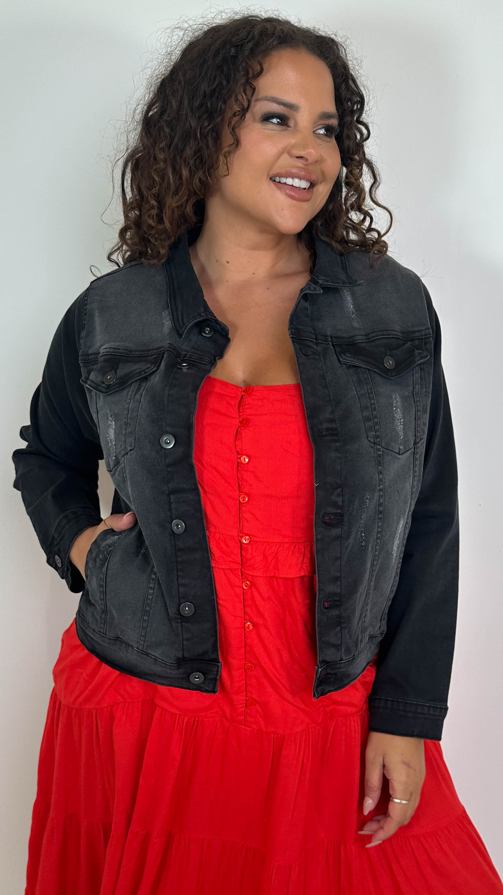 CurveWow Distressed Denim Jacket Washed Black