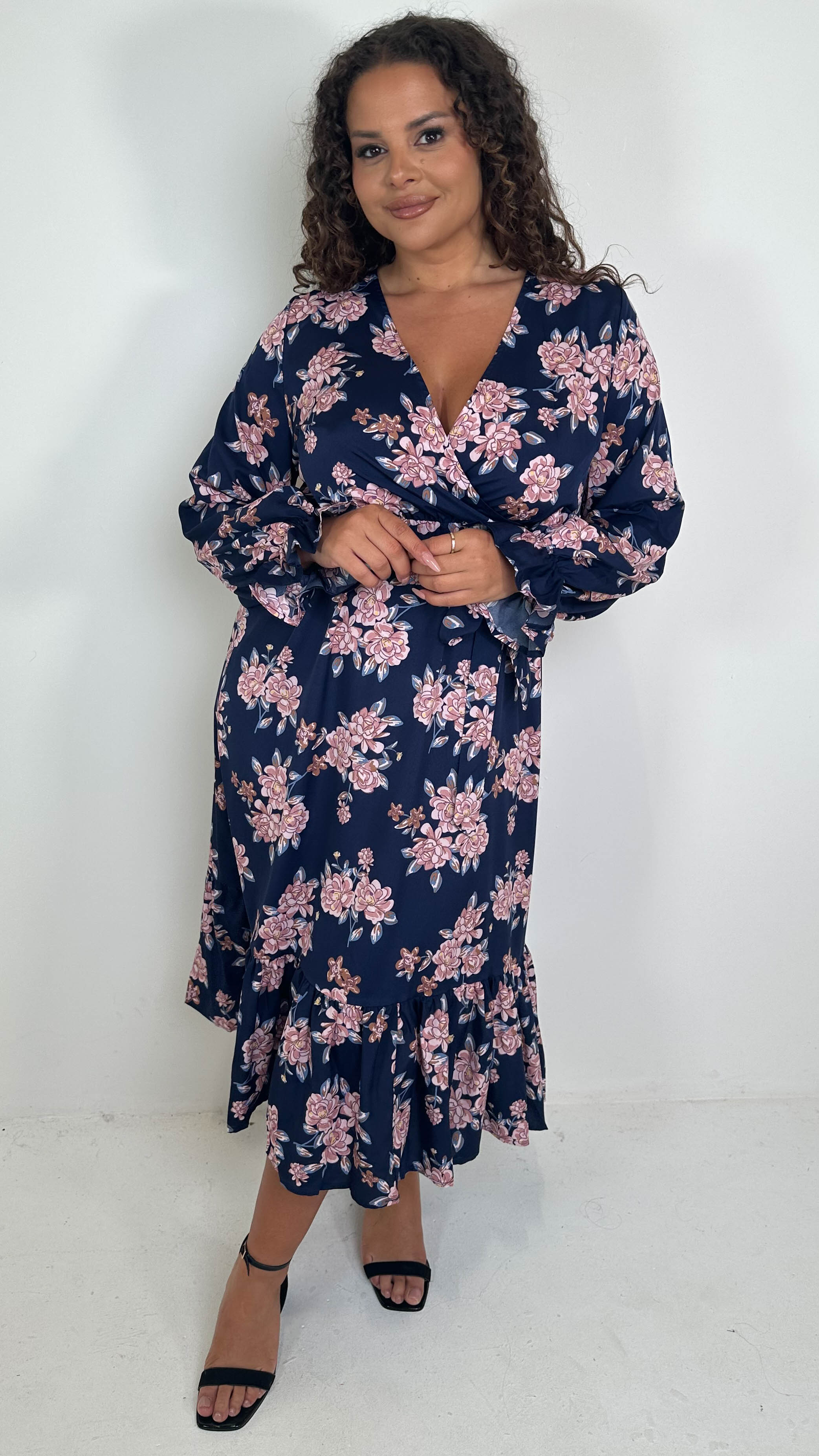 CurveWow Long Sleeve Floral Wrap Midaxi Dress Navy/Pink