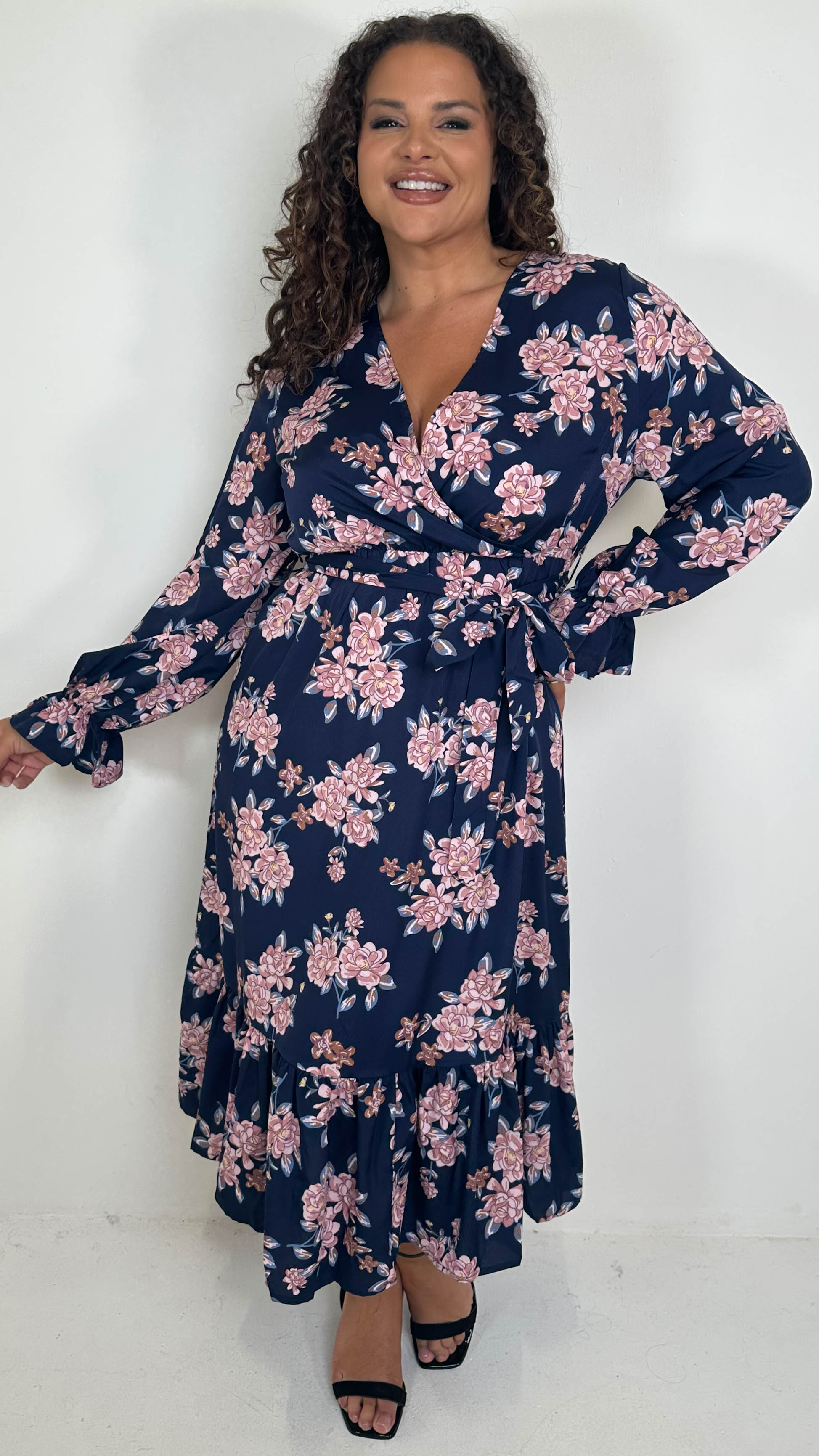 CurveWow Long Sleeve Floral Wrap Midaxi Dress Navy/Pink