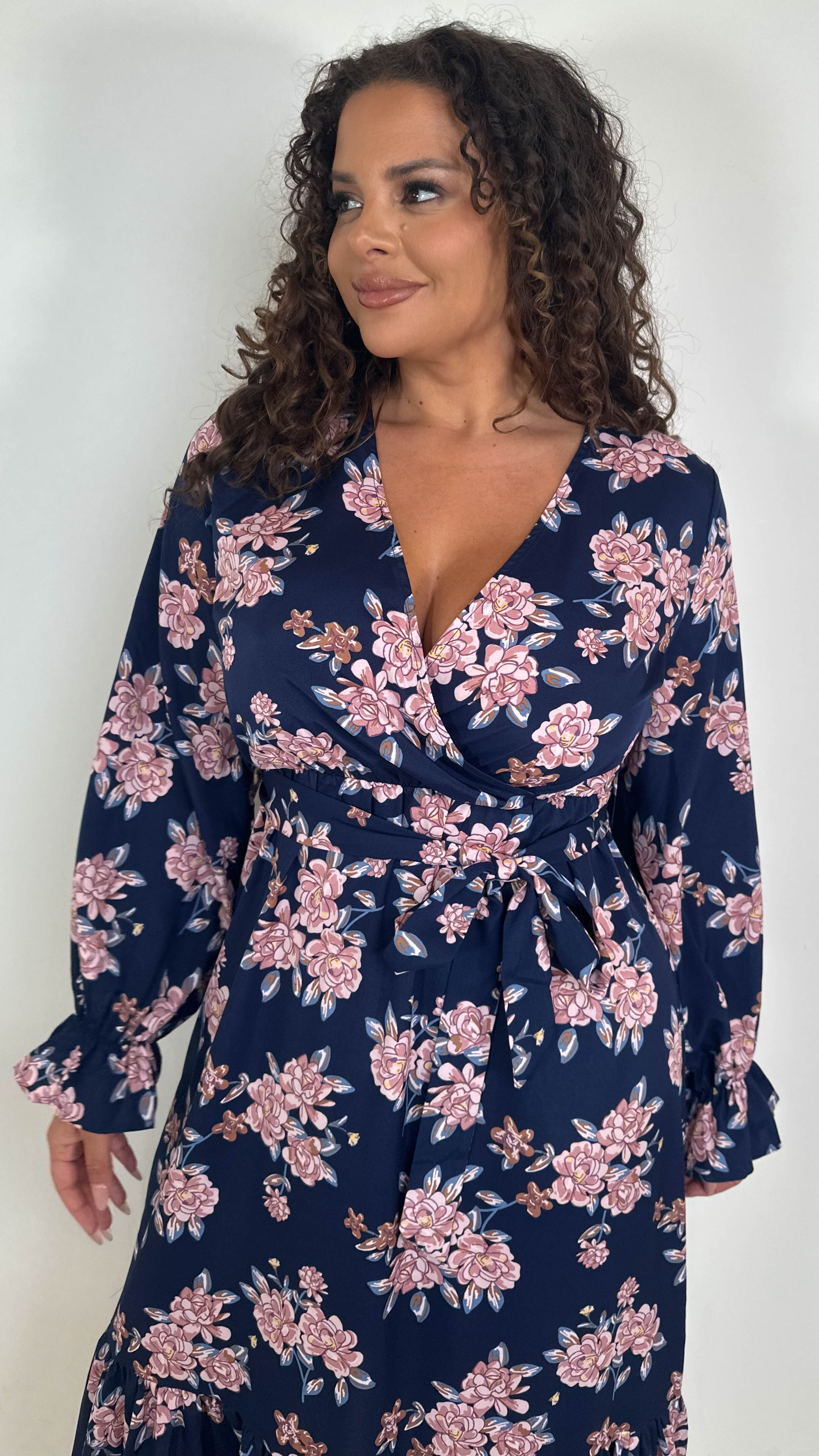 CurveWow Long Sleeve Floral Wrap Midaxi Dress Navy/Pink