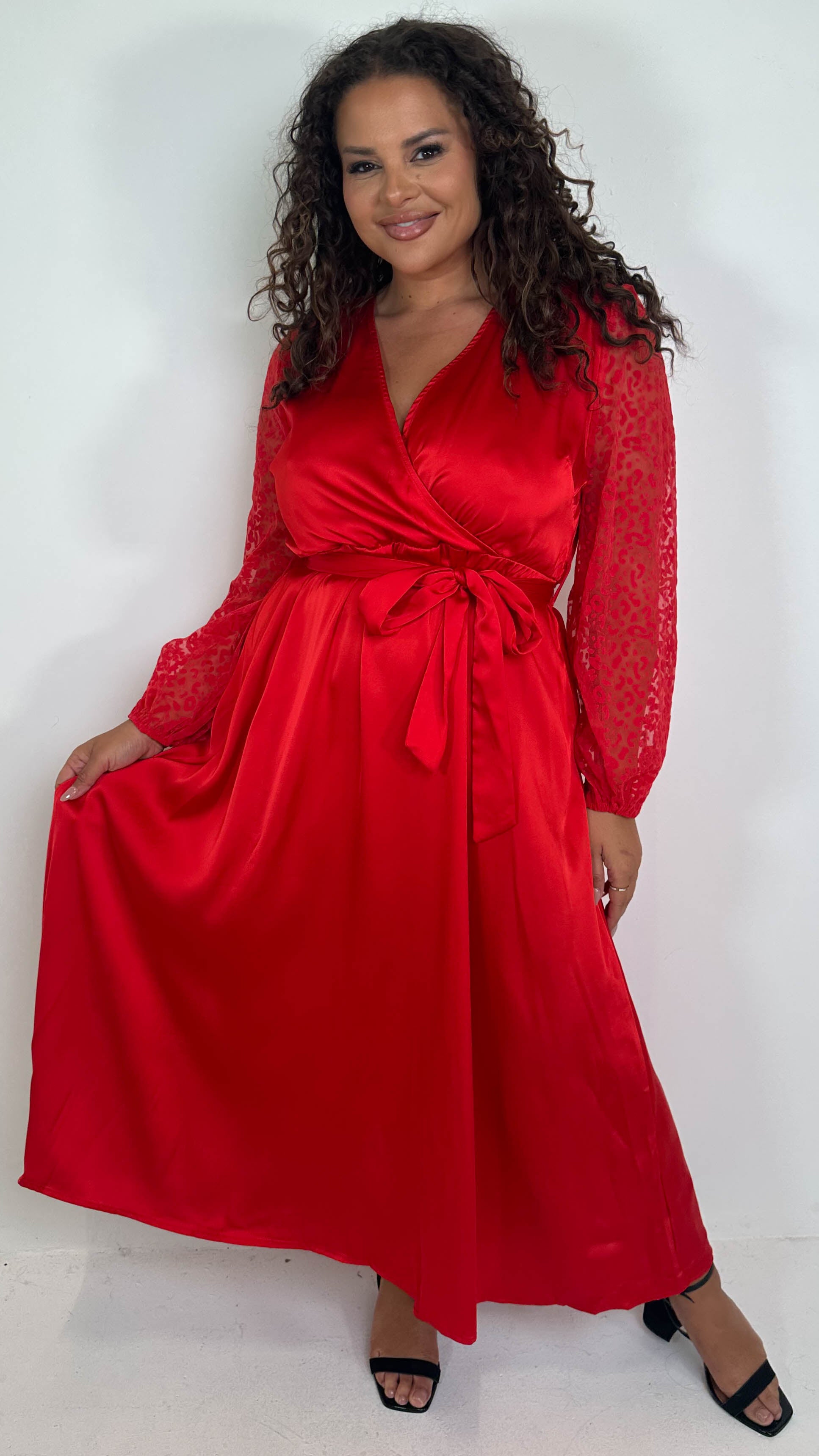 CurveWow Mesh Detail Wrap Midaxi Dress Red