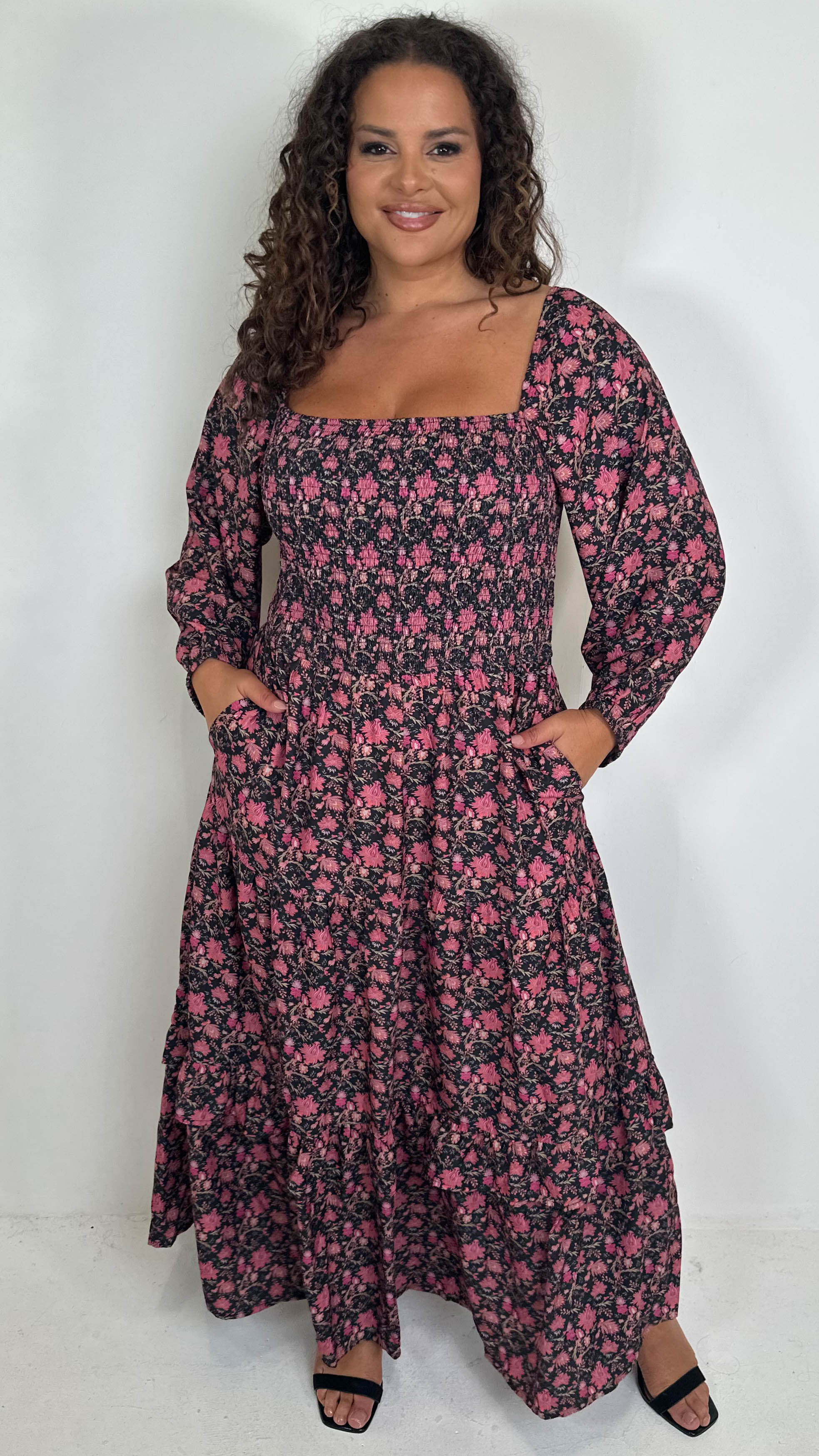 CurveWow Shirred Top Maxi Dress Red Floral