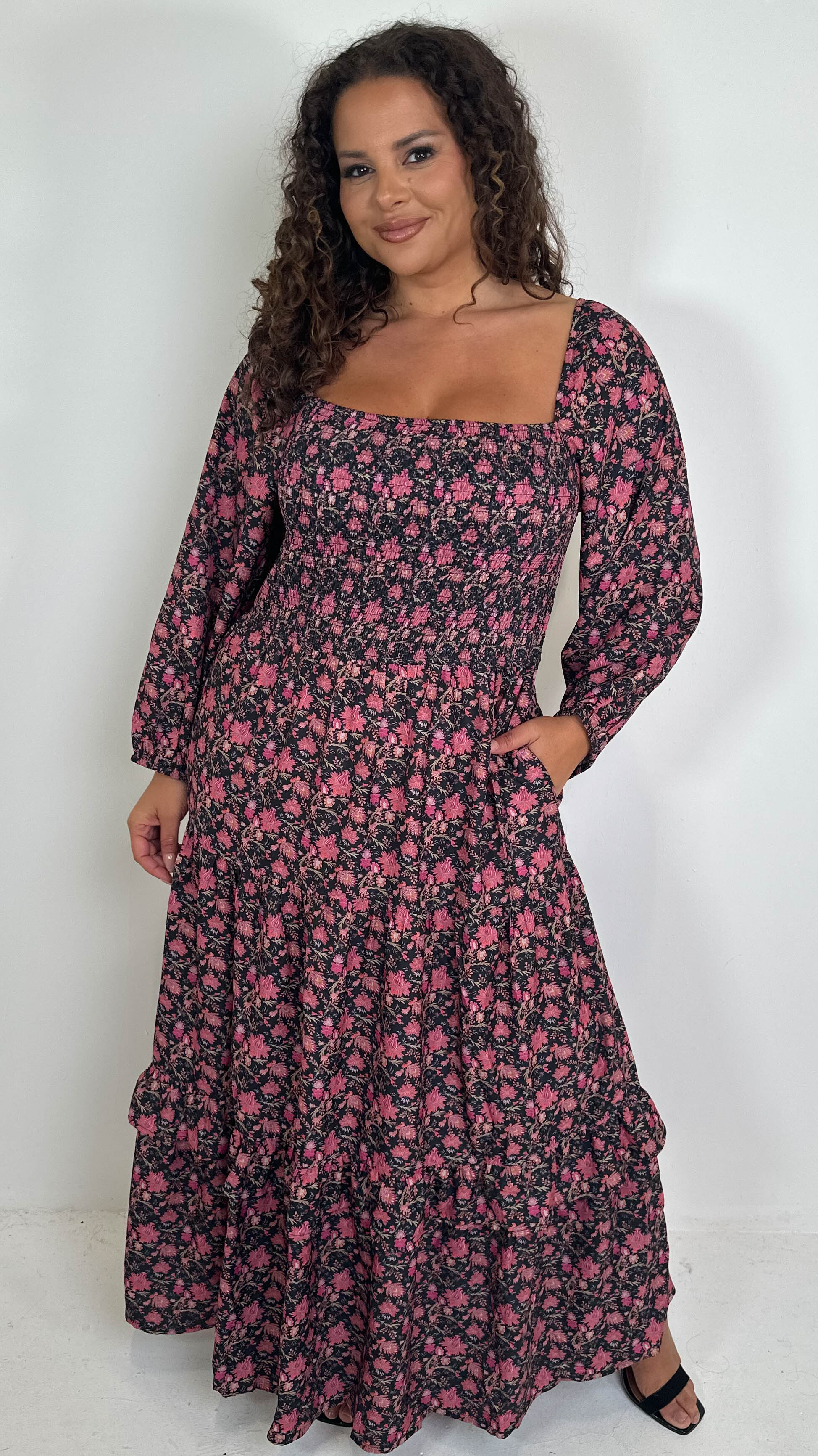 CurveWow Shirred Top Maxi Dress Red Floral