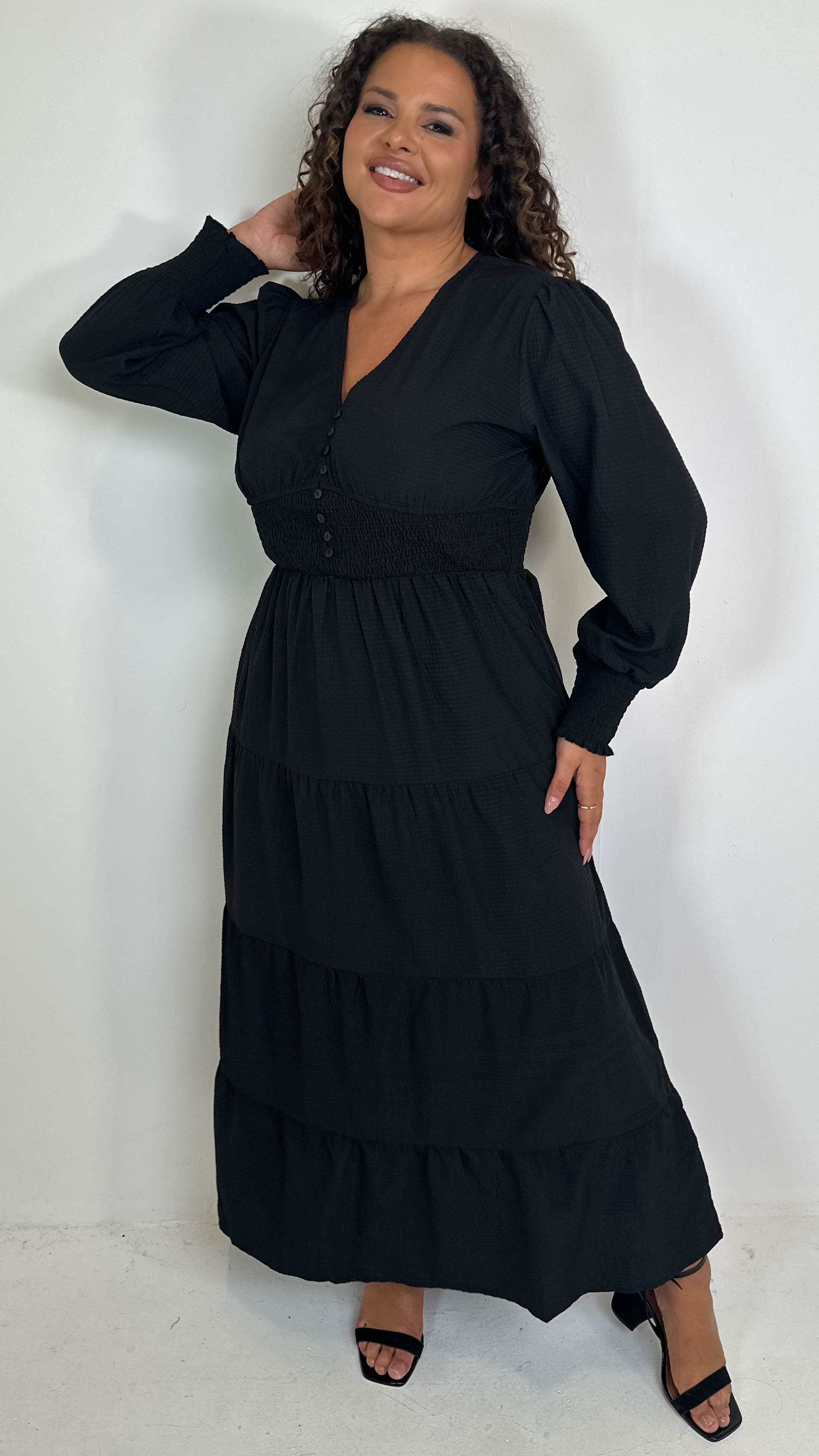 CurveWow Textured Button Front Shirred Waist Maxi Dress Black
