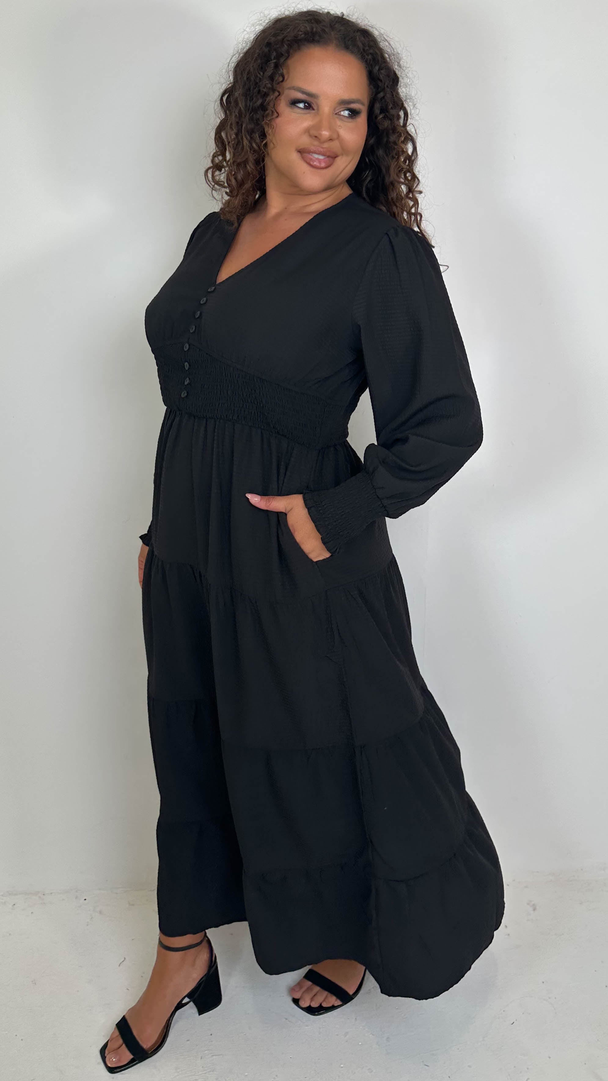 CurveWow Textured Button Front Shirred Waist Maxi Dress Black