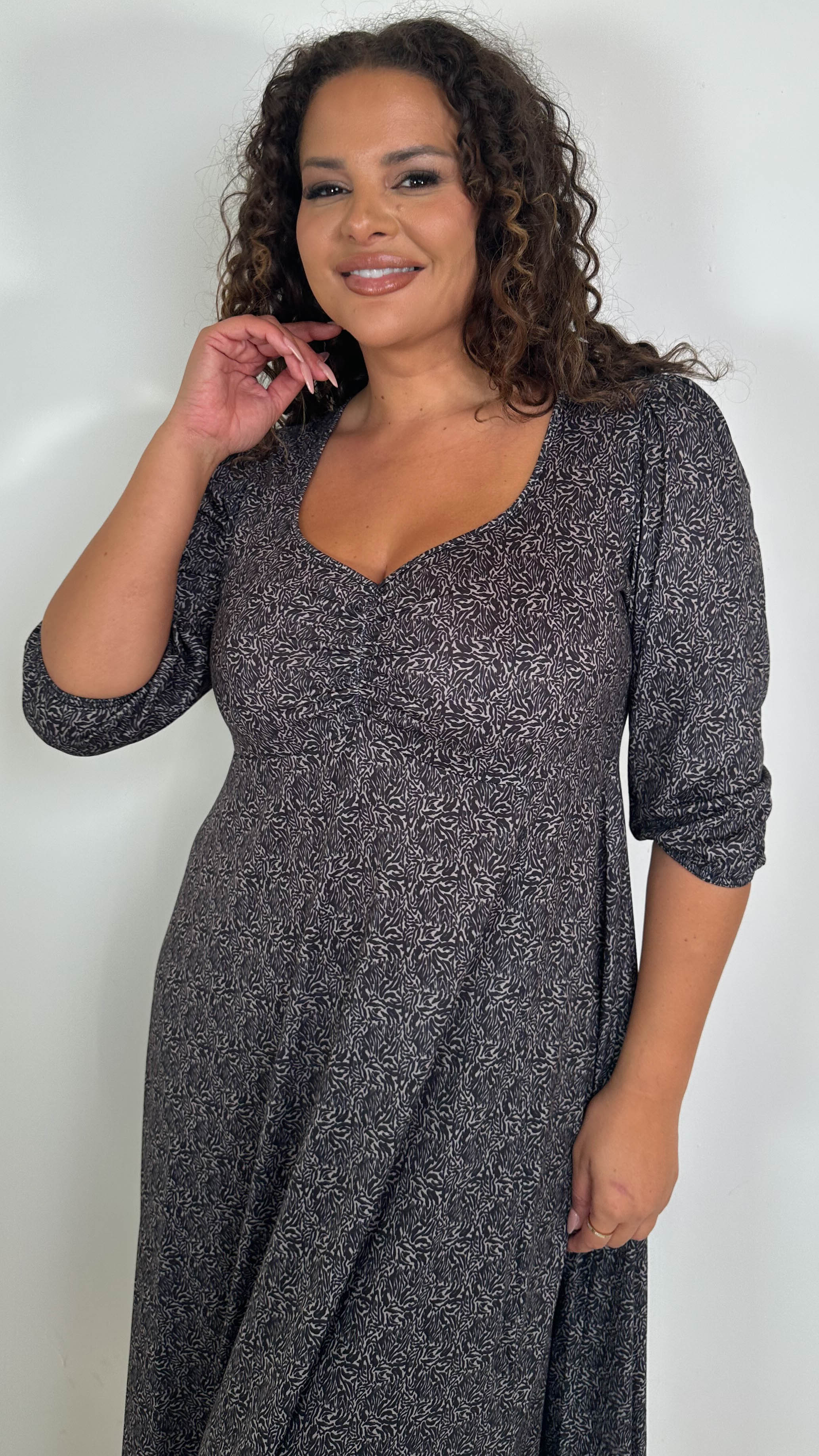 CurveWow Sweetheart Split Front Midaxi Dress Brown Animal