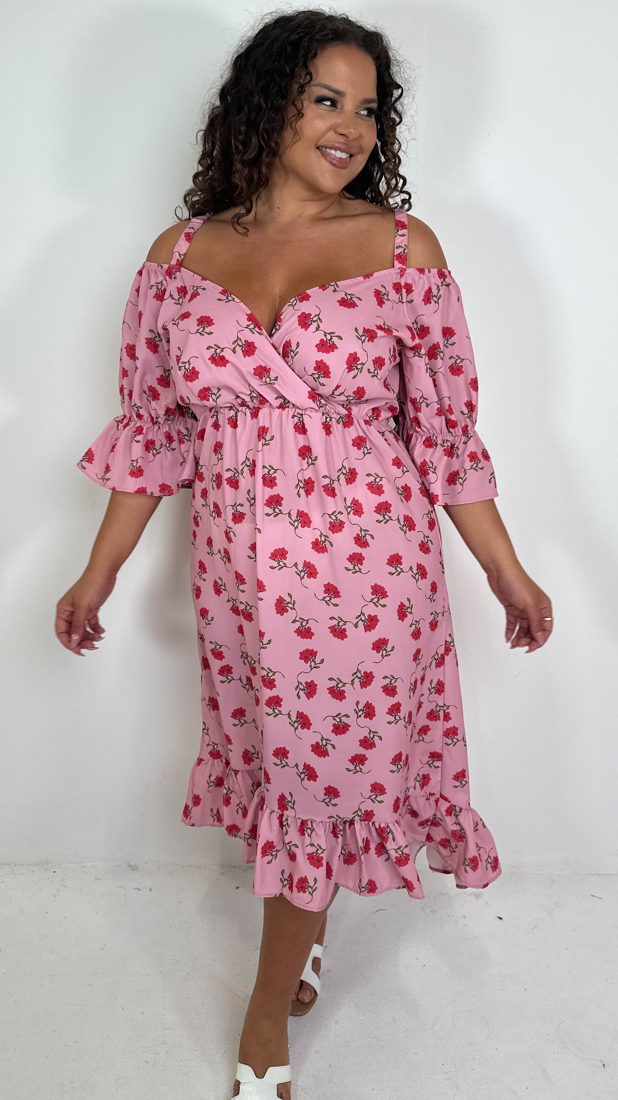 CurveWow Cold Shoulder Frill Dress Pink Floral