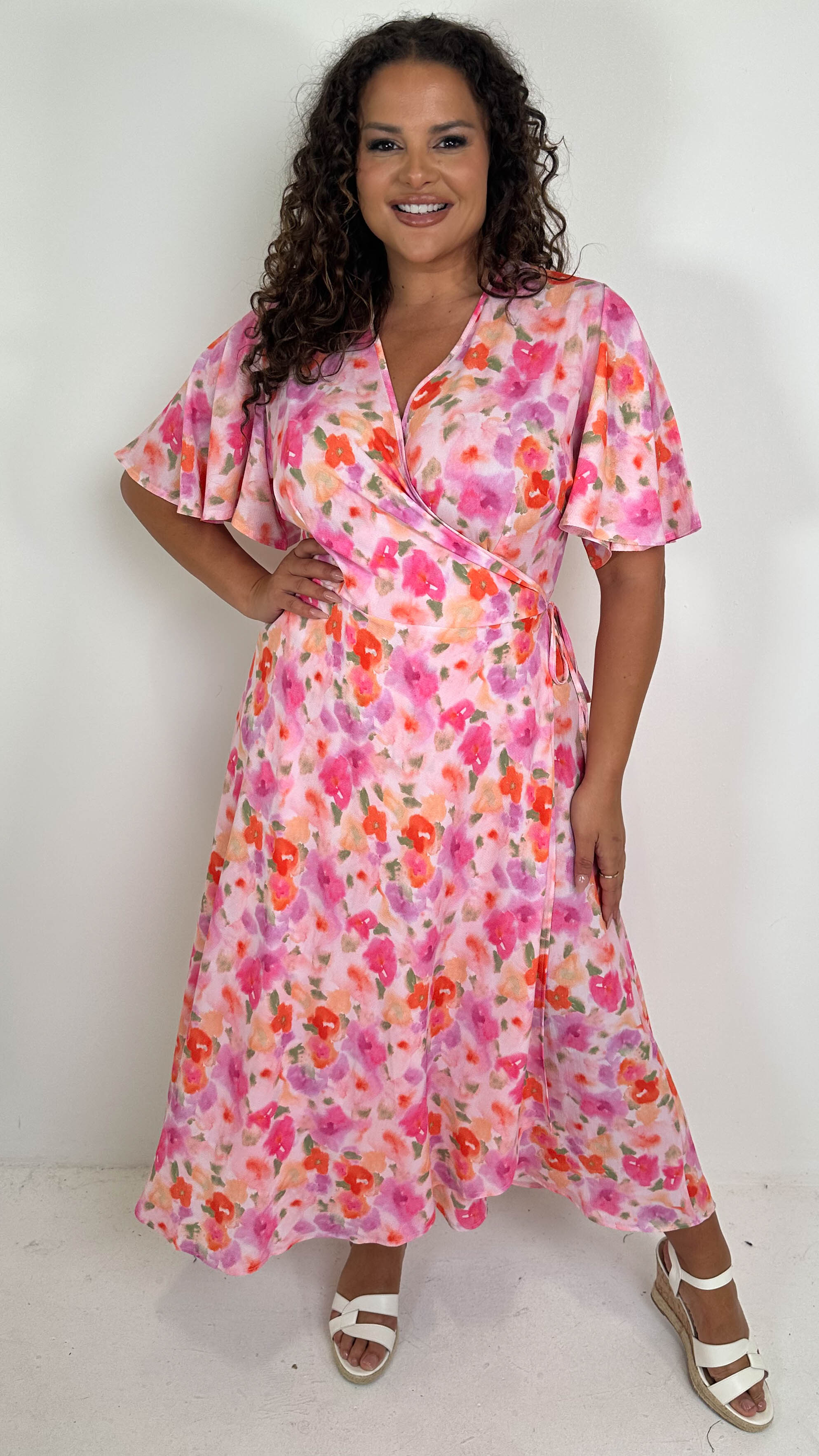 CurveWow Angel Sleeve Wrap Dress Pink Multi Floral