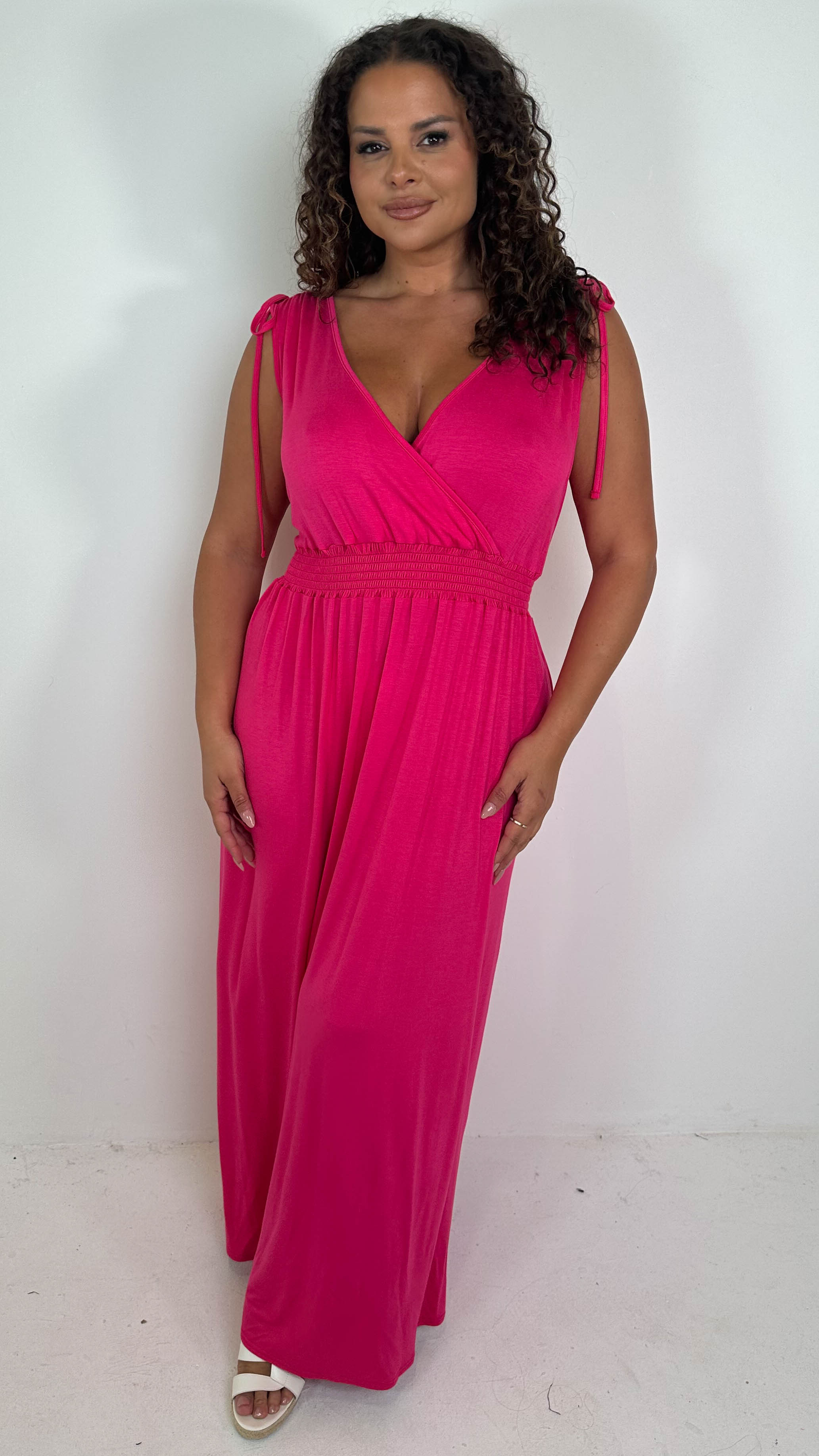 CurveWow Tie Shoulder Shirred Waist Maxi Dress Cerise