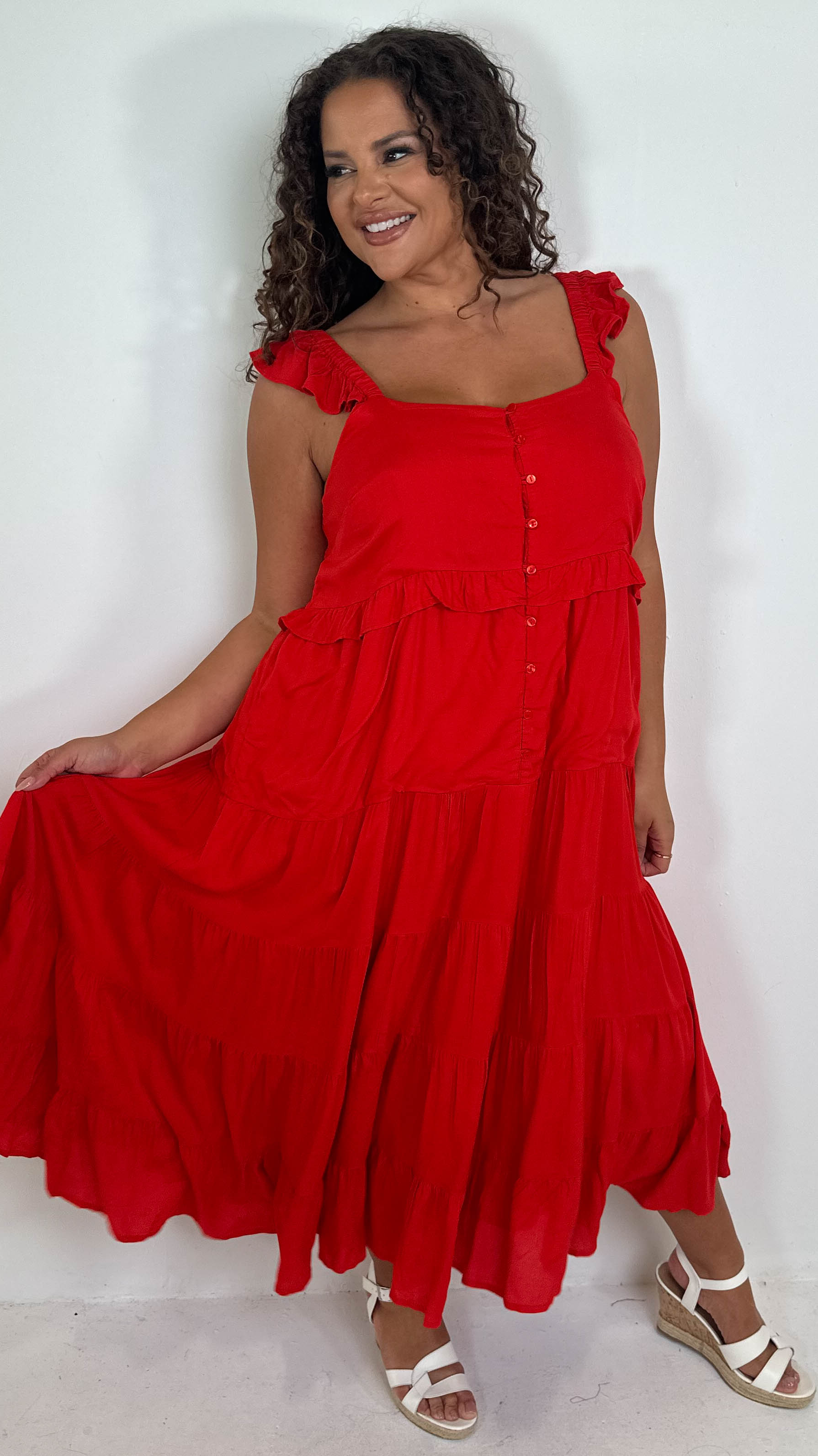 CurveWow Tiered Maxi Dress Red