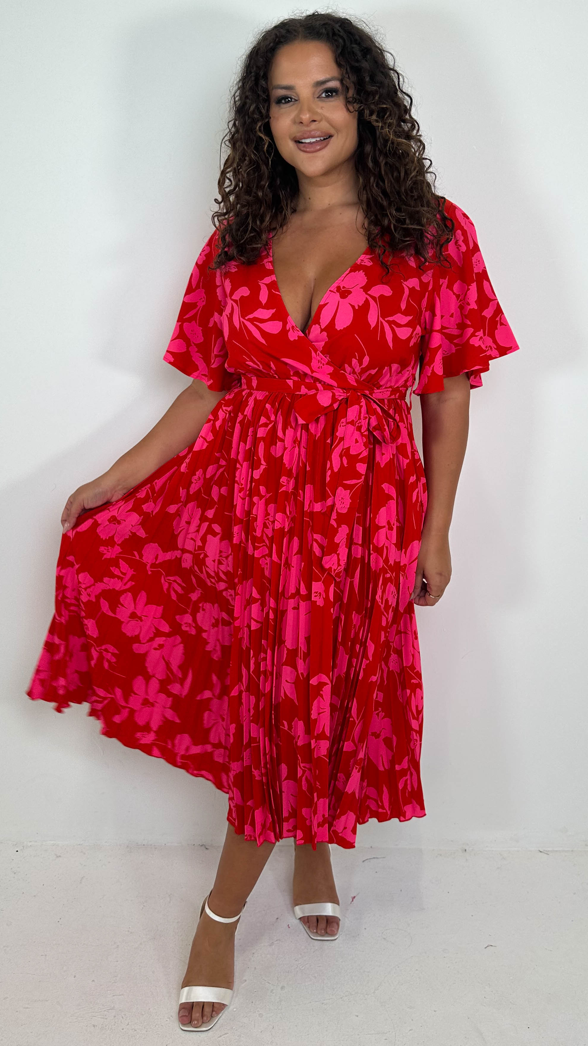 CurveWow Short Sleeve Pleated Wrap Dress Red Print