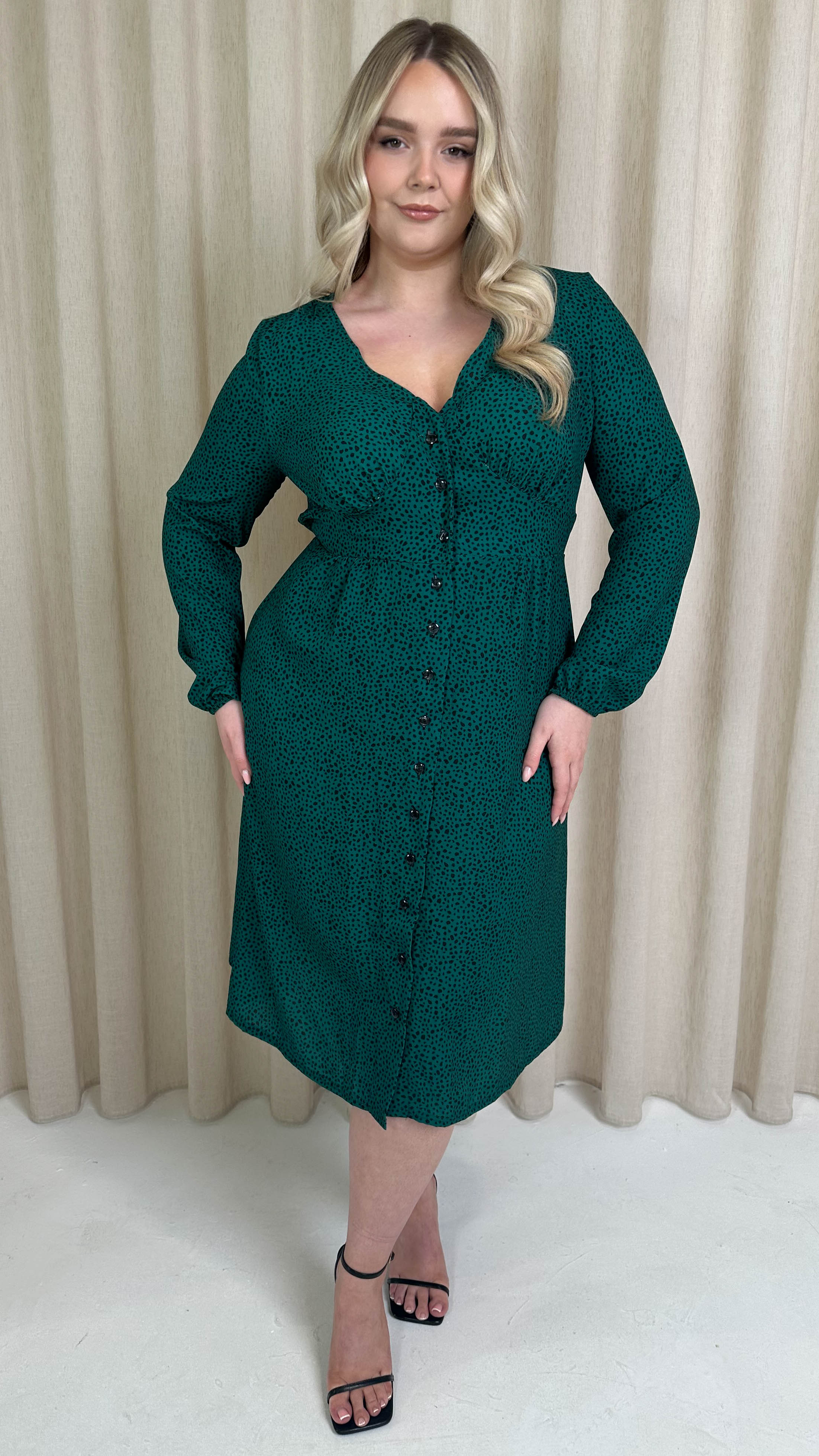 CurveWow Woven Button Front Dress Green Animal