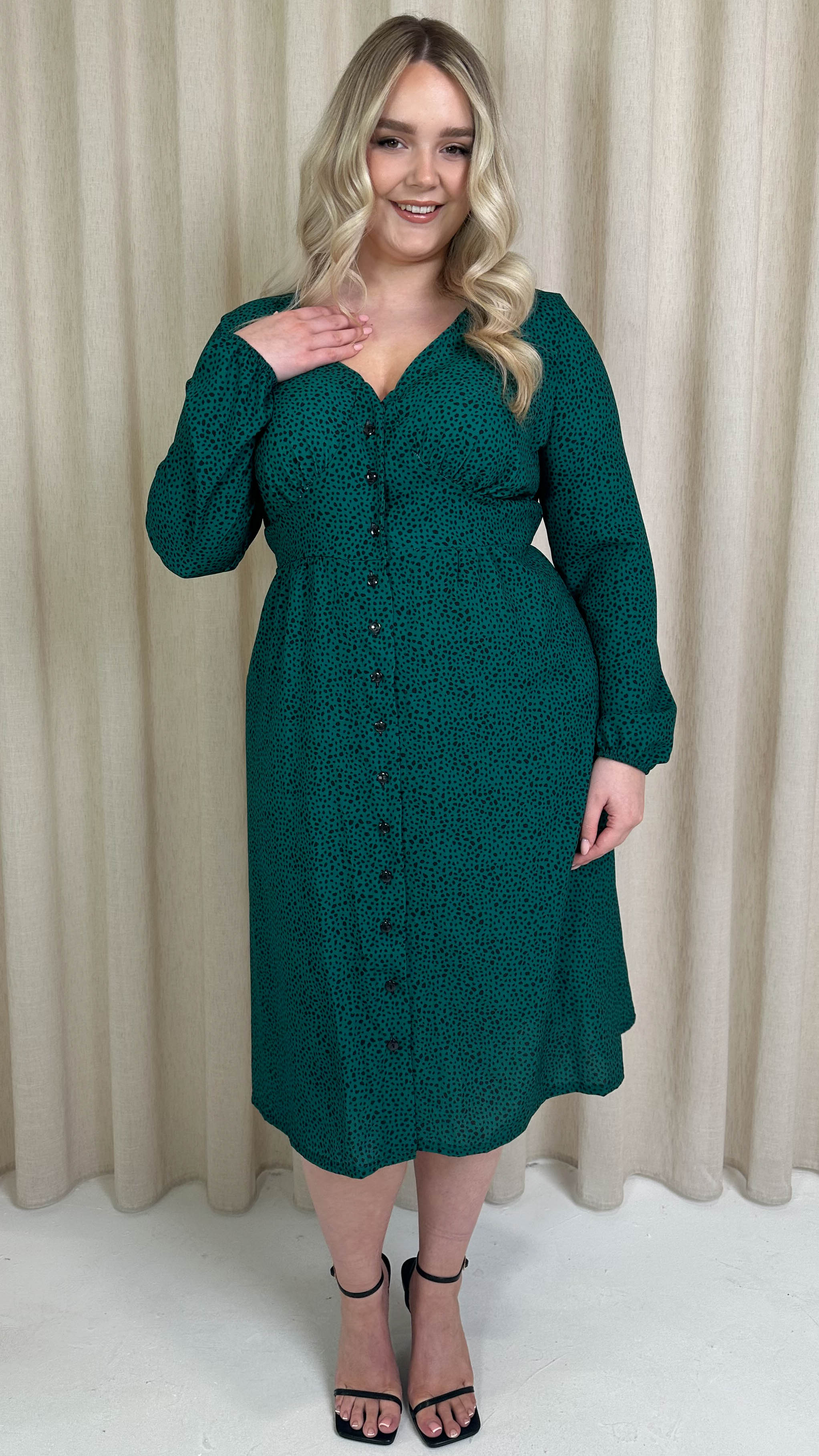 CurveWow Woven Button Front Dress Green Animal