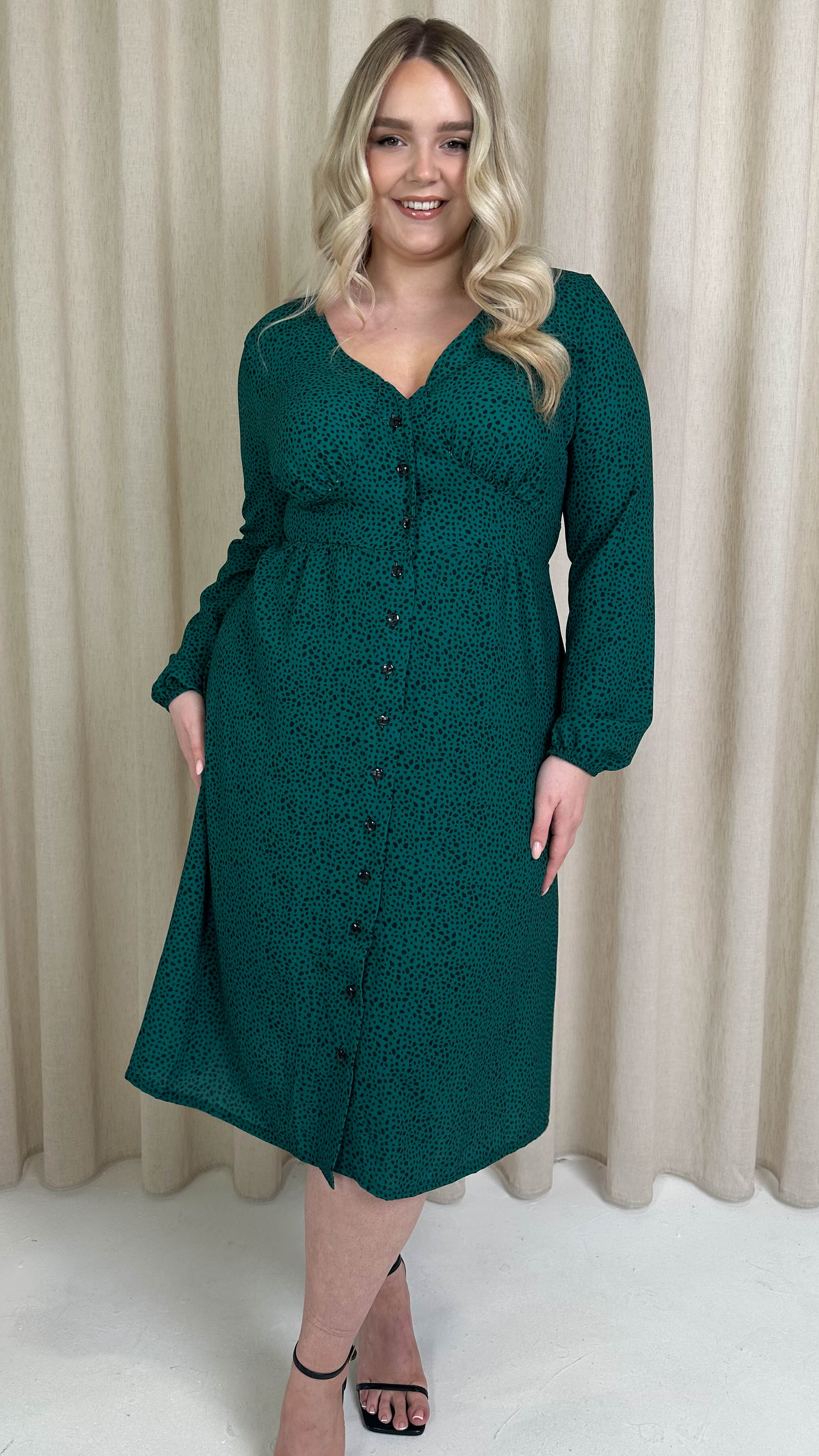 CurveWow Woven Button Front Dress Green Animal