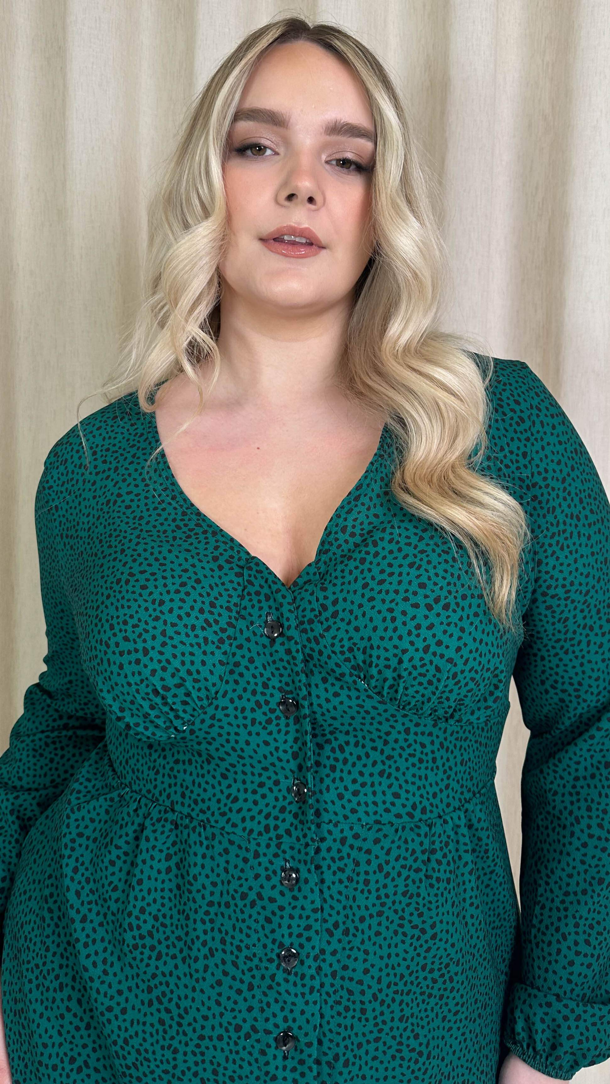 CurveWow Woven Button Front Dress Green Animal