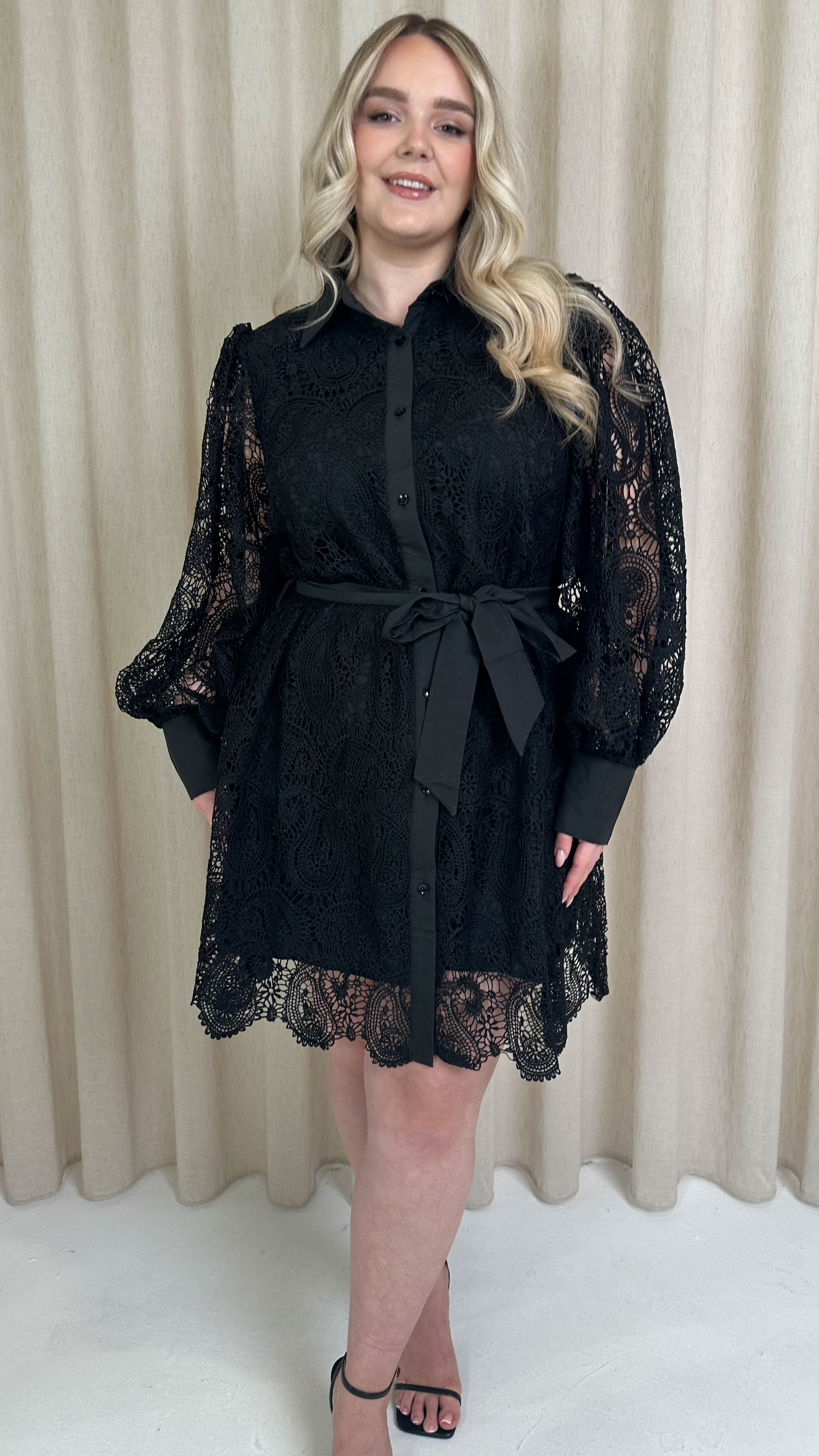 CurveWow Lace Tie Waist Shirt Dress Black