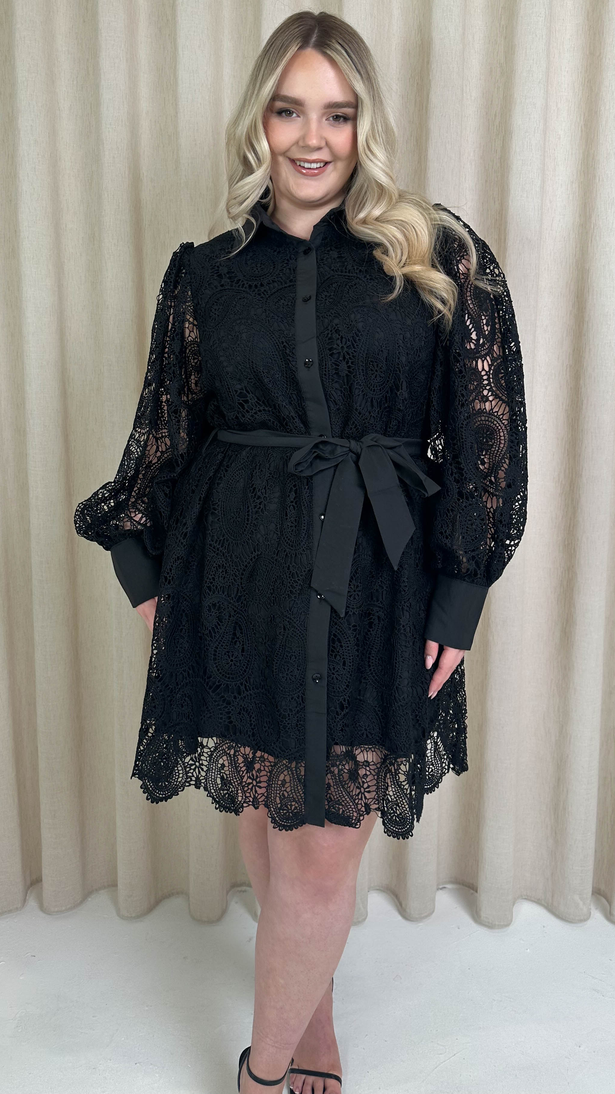 CurveWow Lace Tie Waist Shirt Dress Black
