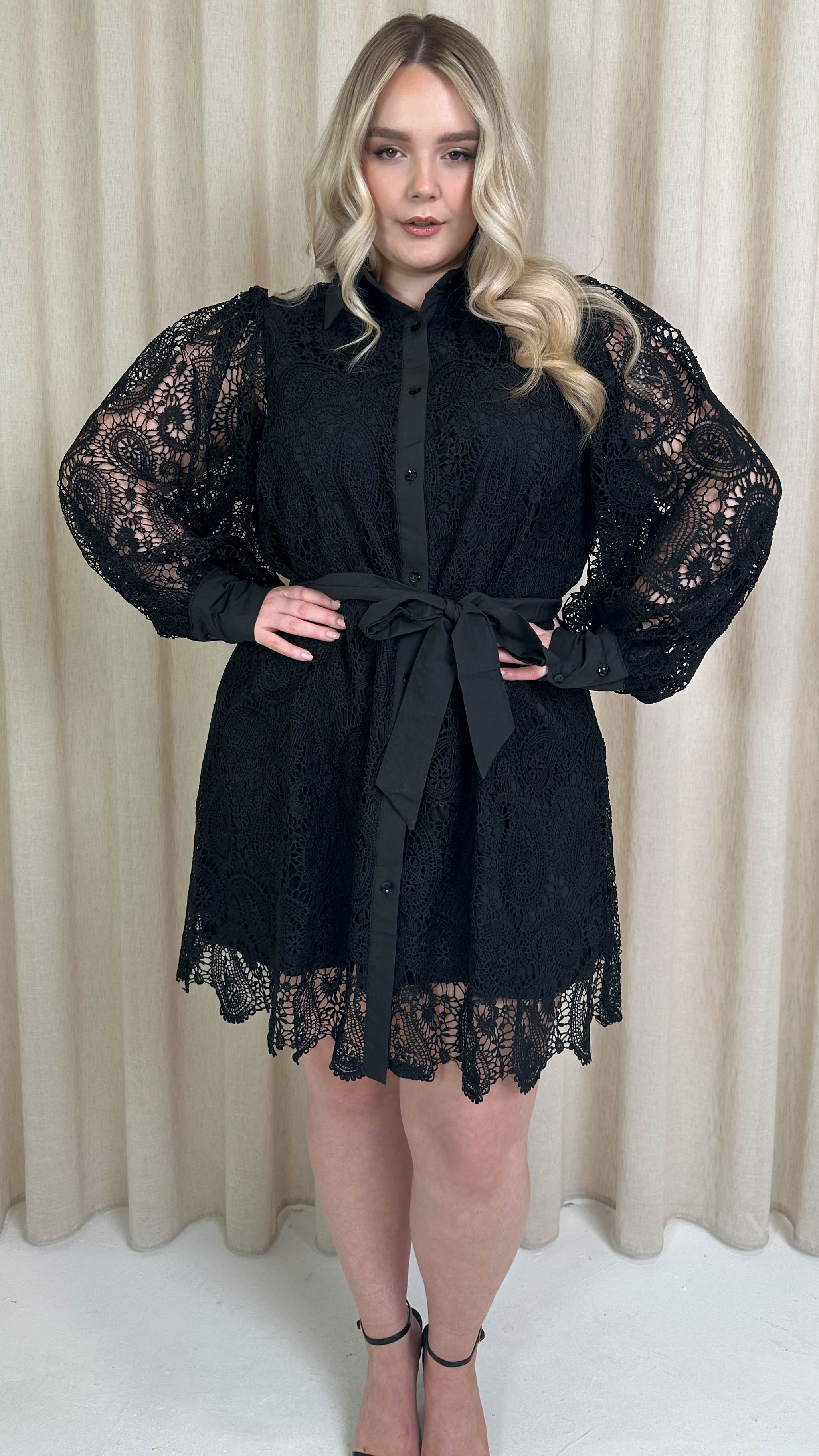 CurveWow Lace Tie Waist Shirt Dress Black