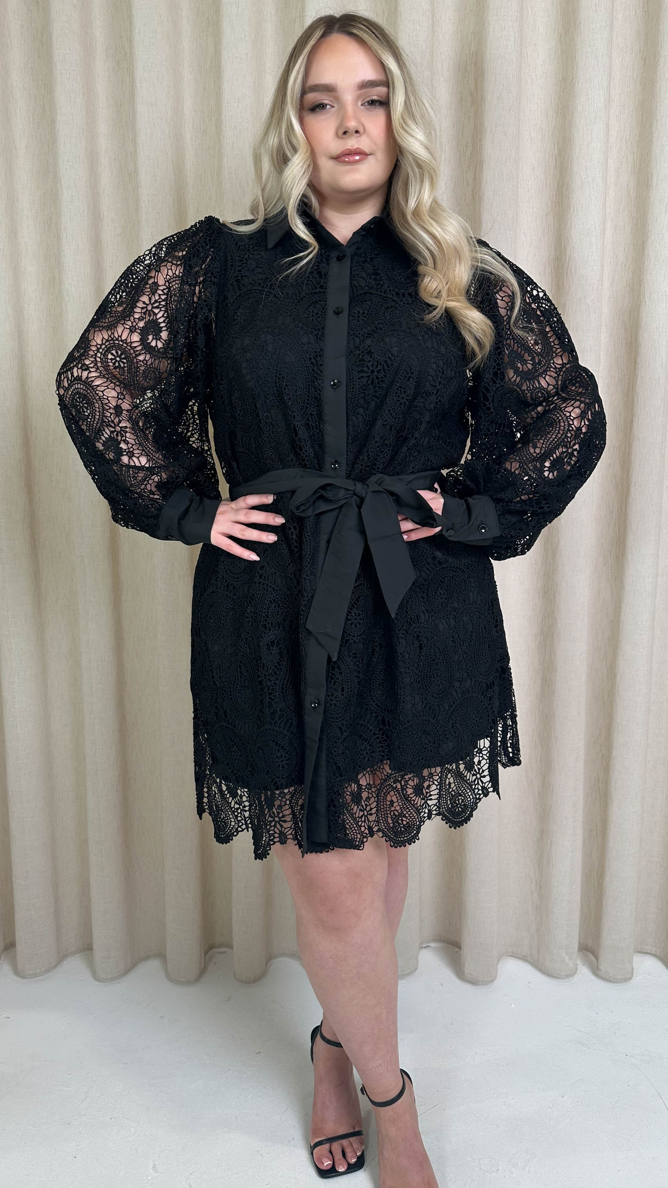CurveWow Lace Tie Waist Shirt Dress Black