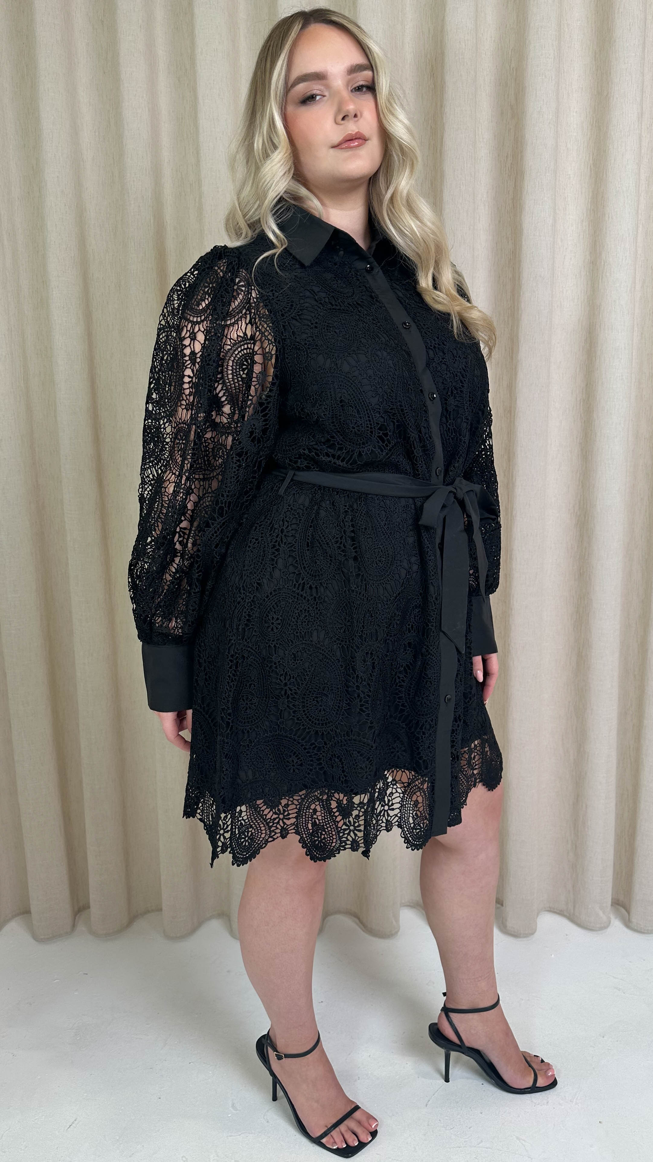 CurveWow Lace Tie Waist Shirt Dress Black