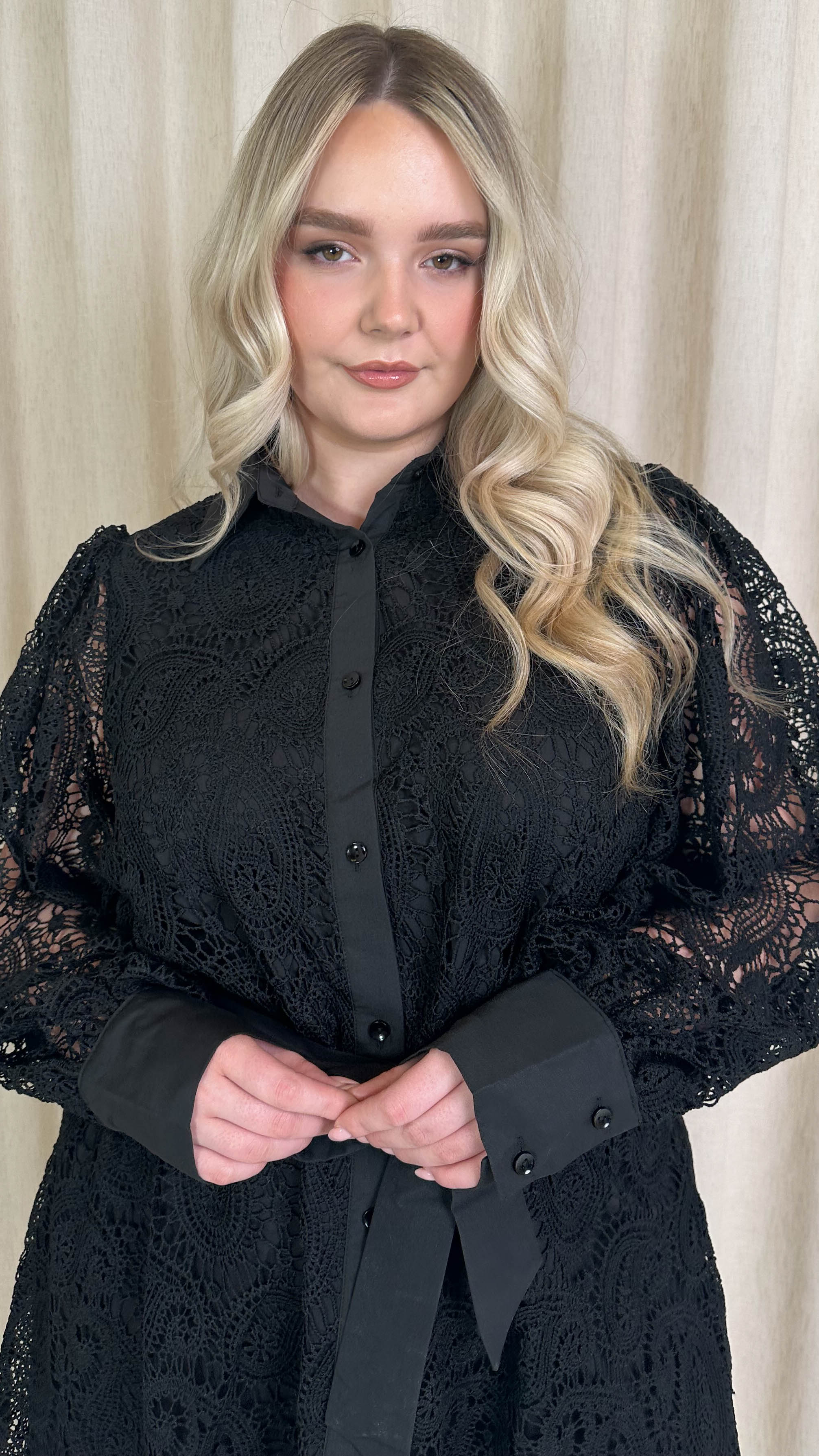 CurveWow Lace Tie Waist Shirt Dress Black