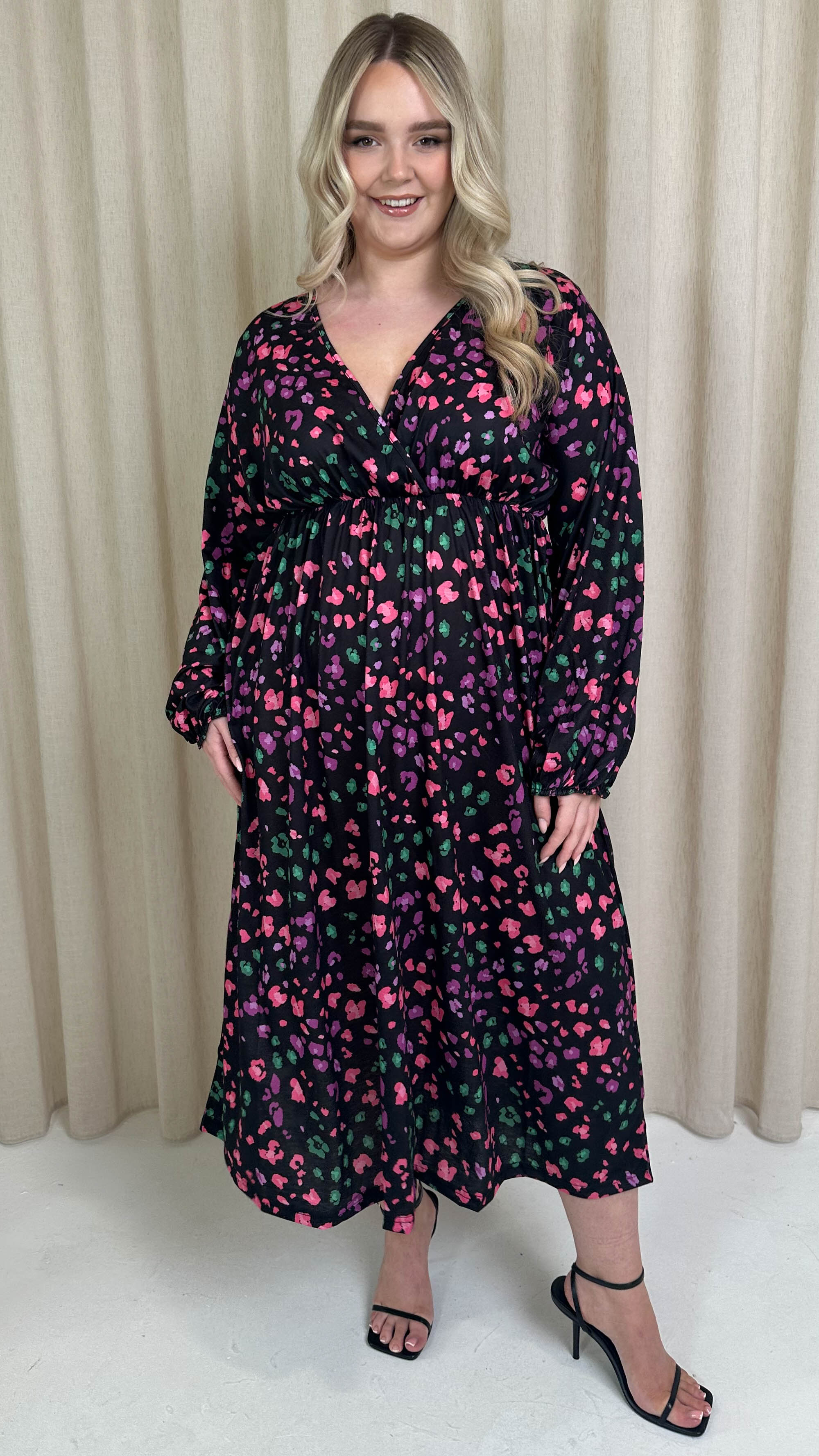 CurveWow Wrap Balloon Sleeve Midaxi Dress Multi Animal