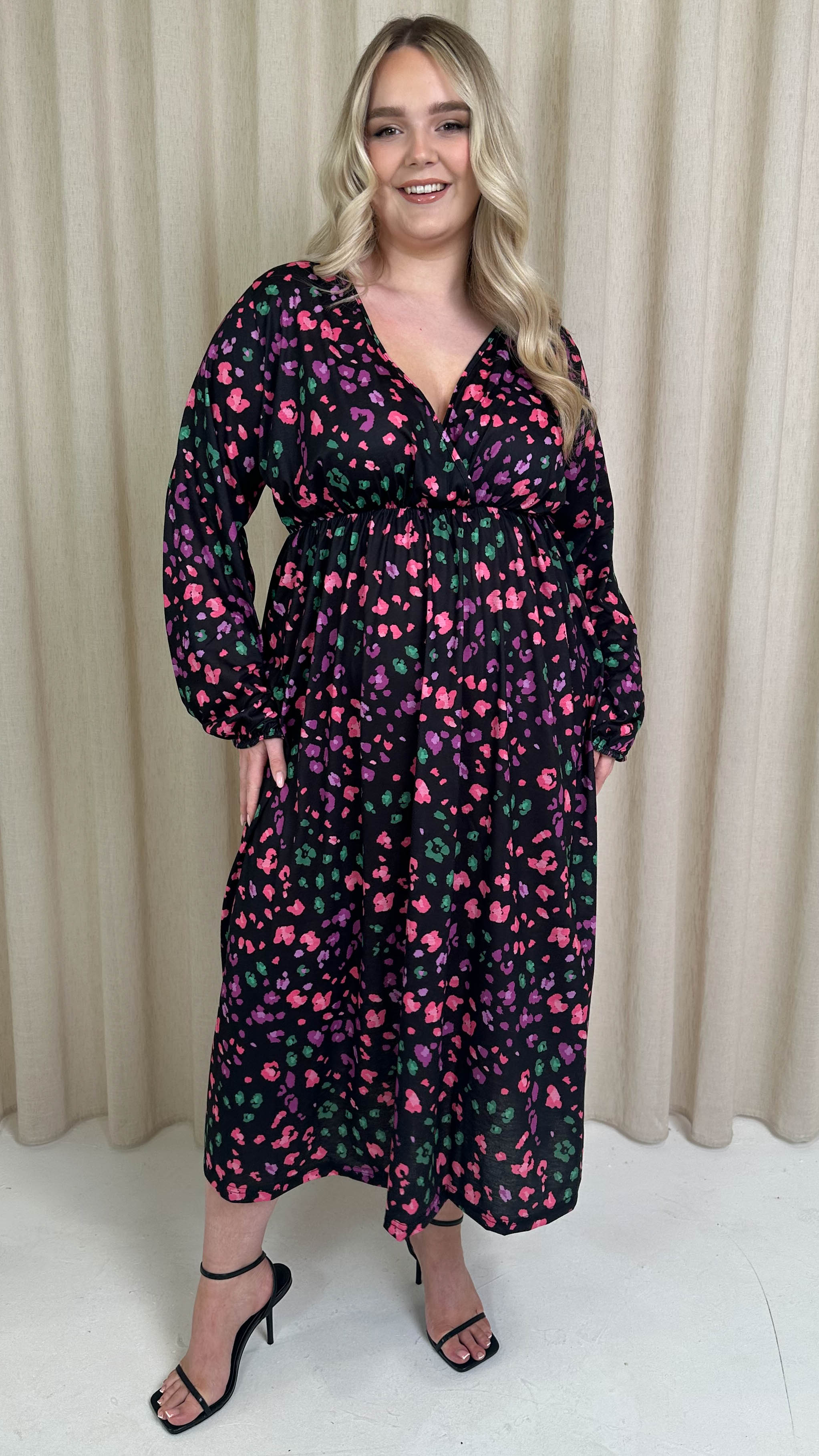 CurveWow Wrap Balloon Sleeve Midaxi Dress Multi Animal