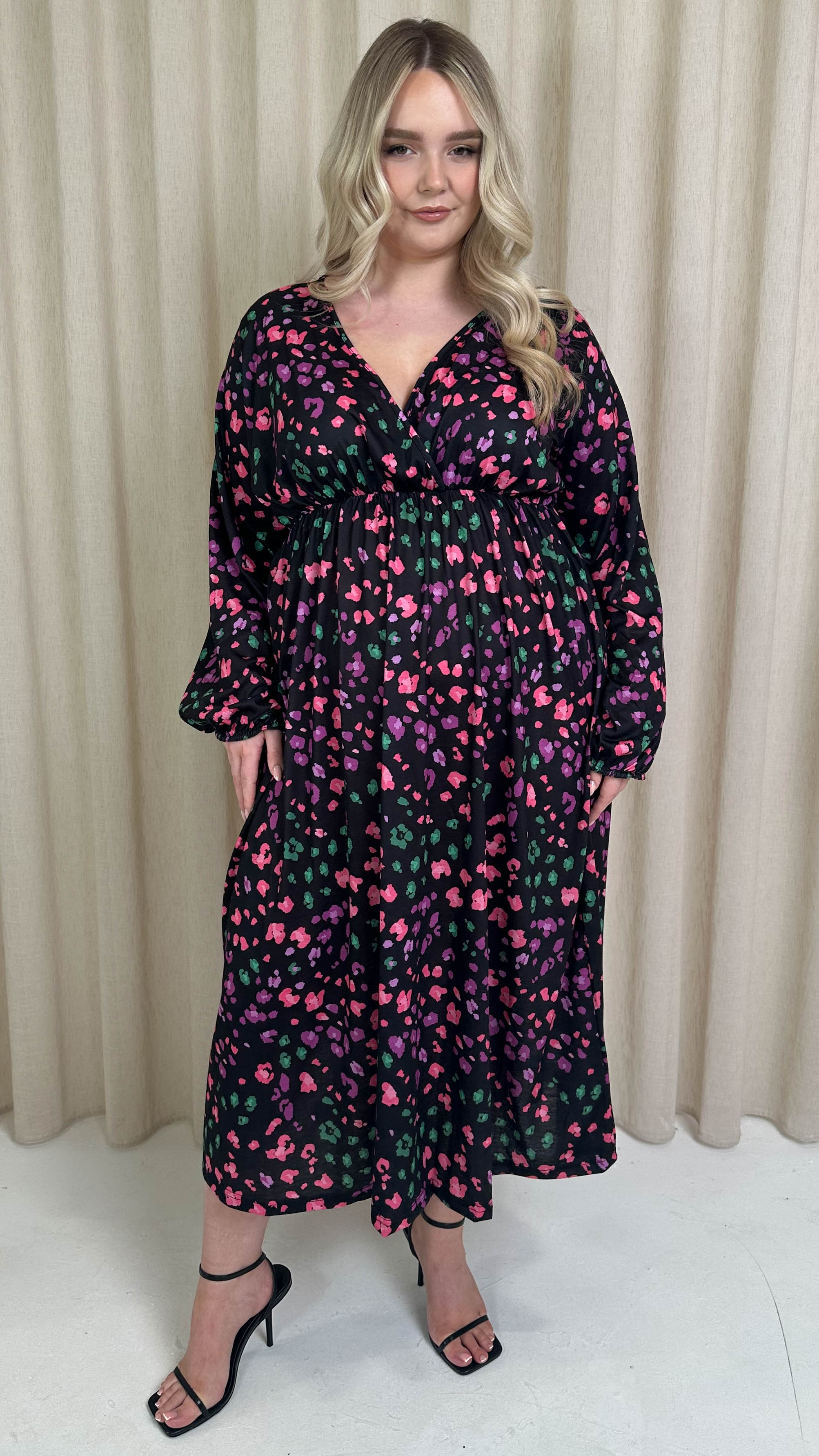 CurveWow Wrap Balloon Sleeve Midaxi Dress Multi Animal